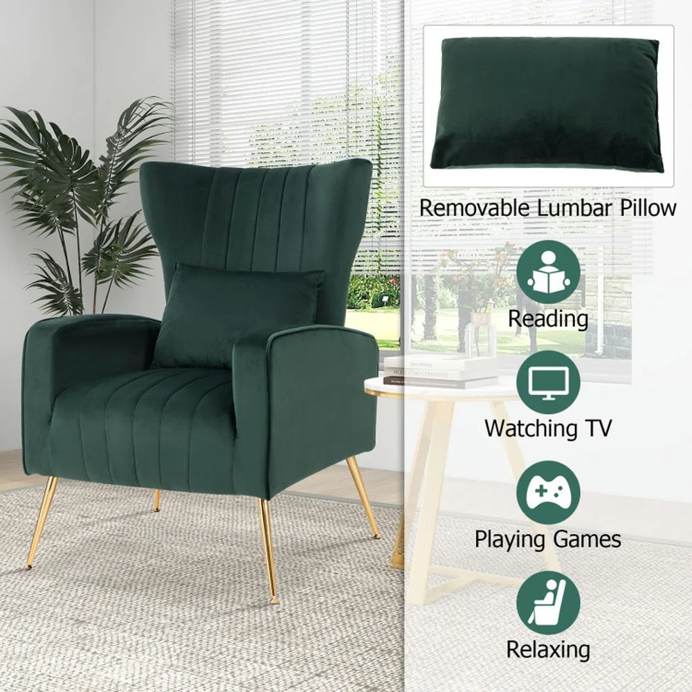 Canddidliike Velvet Upholstered Wingback Chair with Lumbar Pillow and Golden Metal Legs-Turquoise, Padded Seat, Wingback Chair for Bedroom Desk