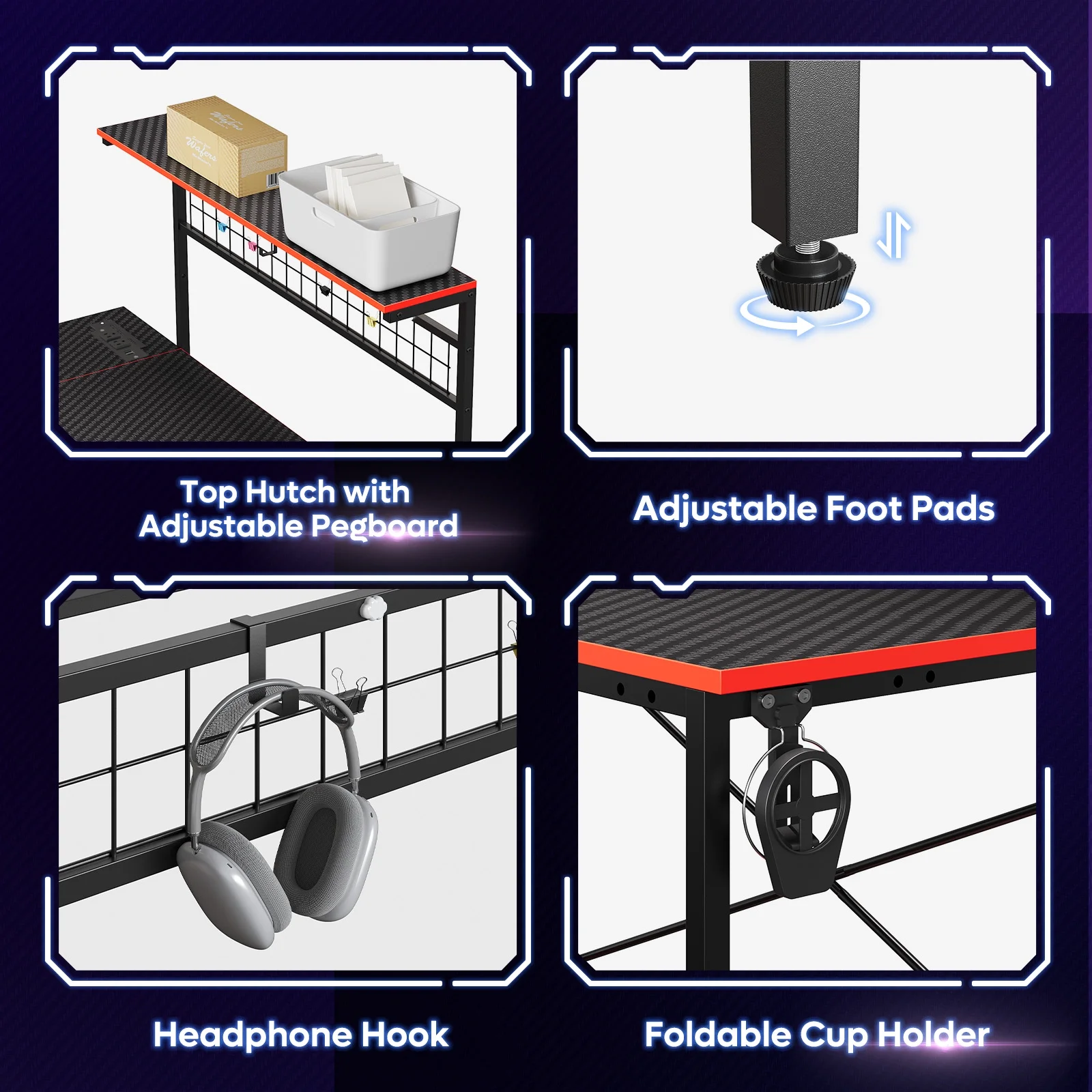 Bestier 51 L Shaped Gaming Desk with Power Outlets & LED Light, Computer Desk with 4 Tiers Shelves for Home Office, Reversible Gamer Table with Hooks and Cup Holder, Carbon Fiber
