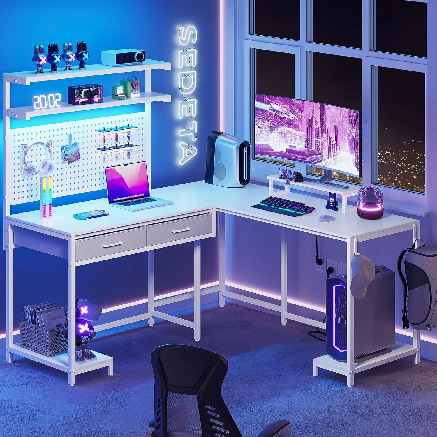 SEDETA White L Shaped Gaming Desk with LED Lights and Drawers, Gaming Desk with Hutch & Pegboard, Computer Desk with Monitor Stand, Storage Shelves, Home Office Desk Corner Desk, Gaming Table