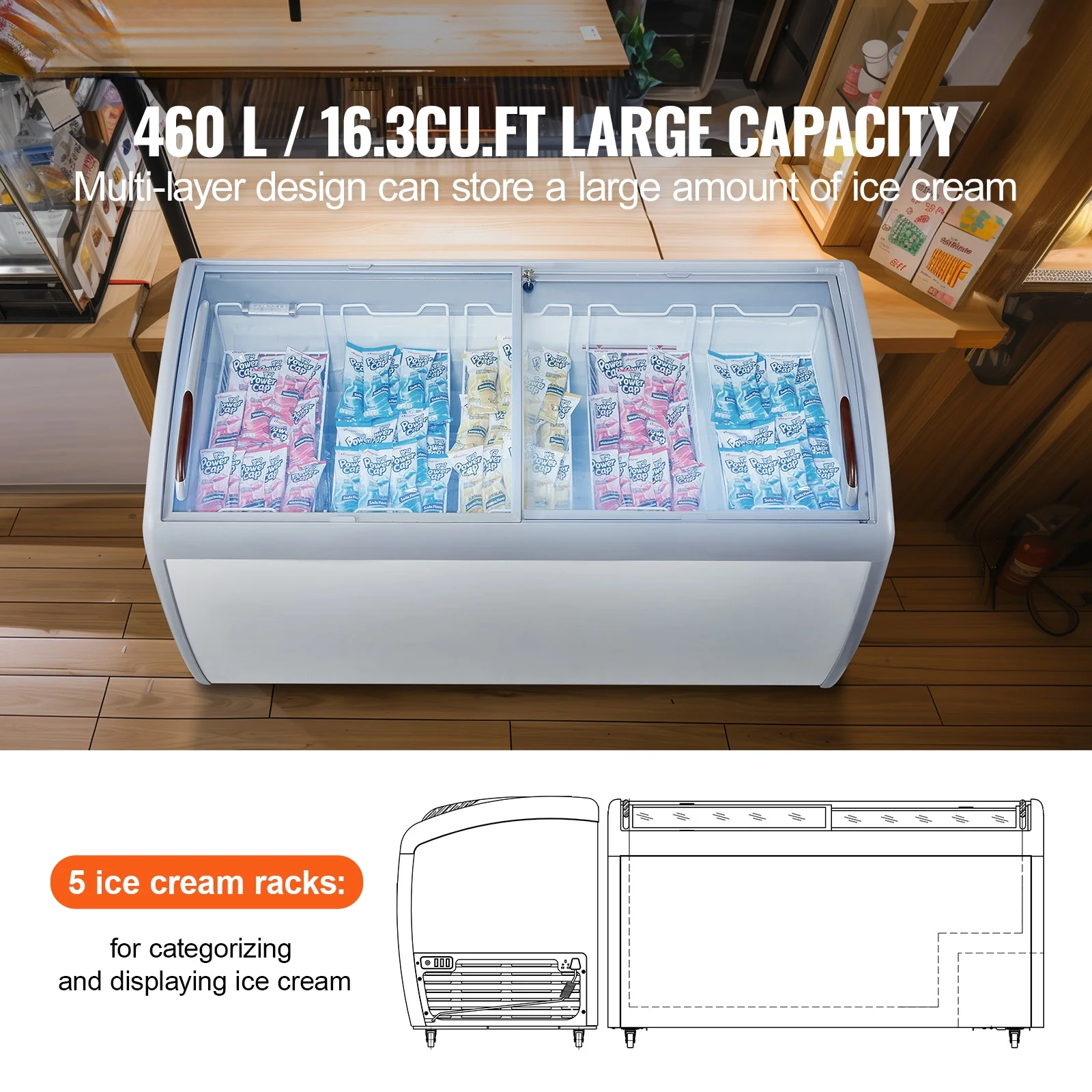 KFFKFF Professional Ice Cream Showcase, 16.3 Cubic Feet Storage Freezer, Portable Transparent Lid Deep Freezer, Dining Establishment Sorbet Serving Cabinet,5 Metal Baskets, Dual Slide Glass Doors