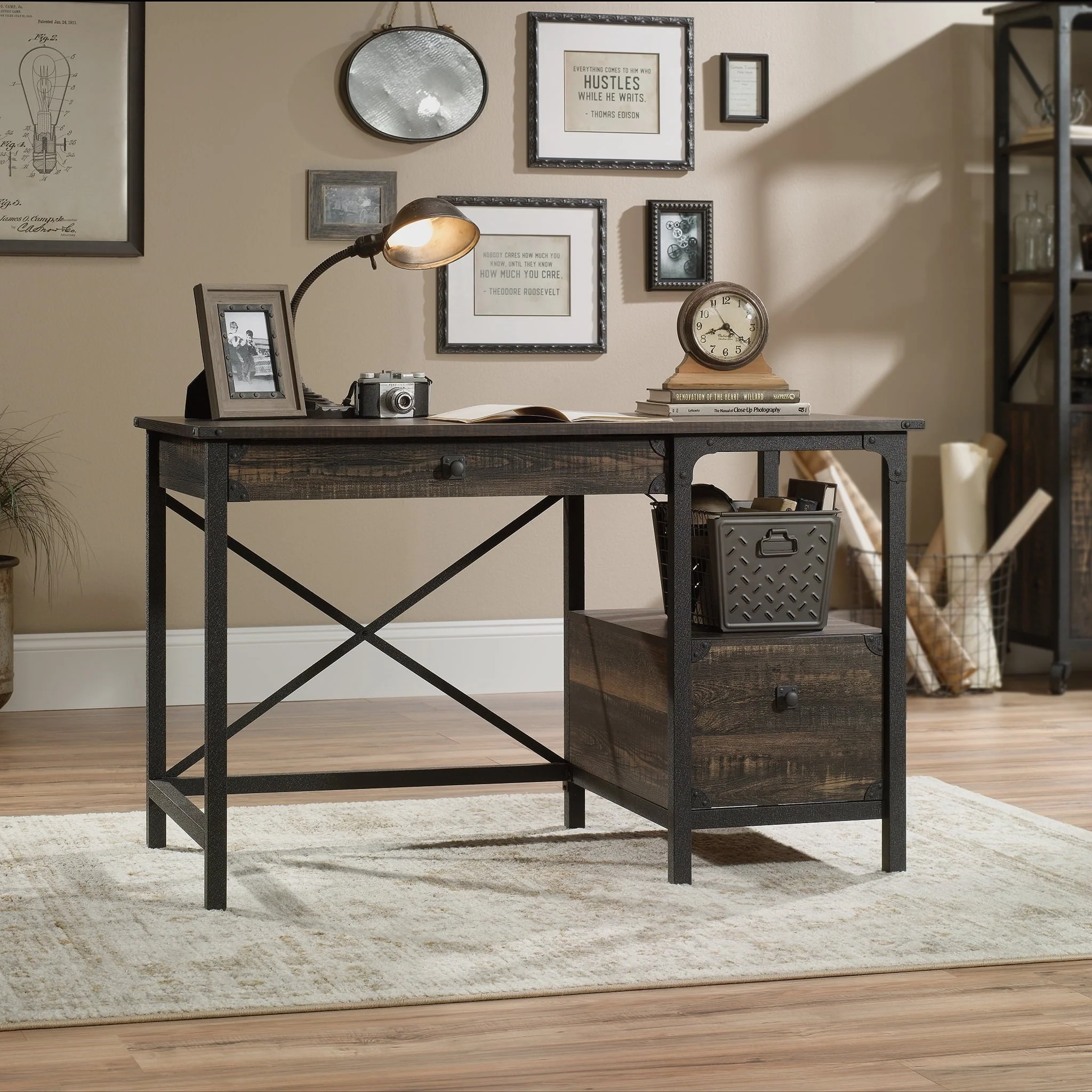 Sauder Steel River Desk, Carbon Oak Finish