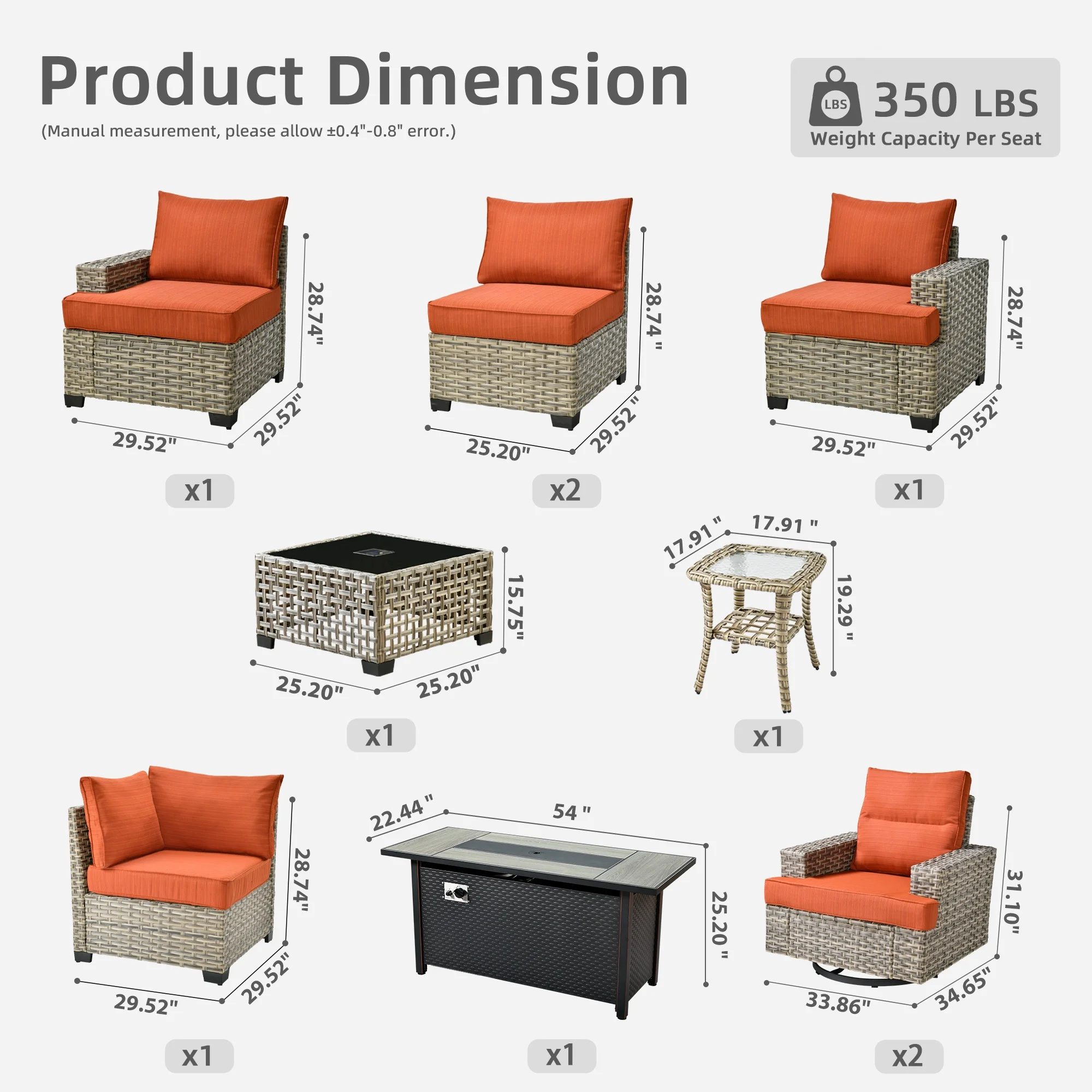 Ovios 10 Pieces Outdoor Patio Furniture Modern High-Back All-Weather Wicker Sectional Conversation Set with Propane Fire Pit Table & Swivel Chair, Dark Gray
