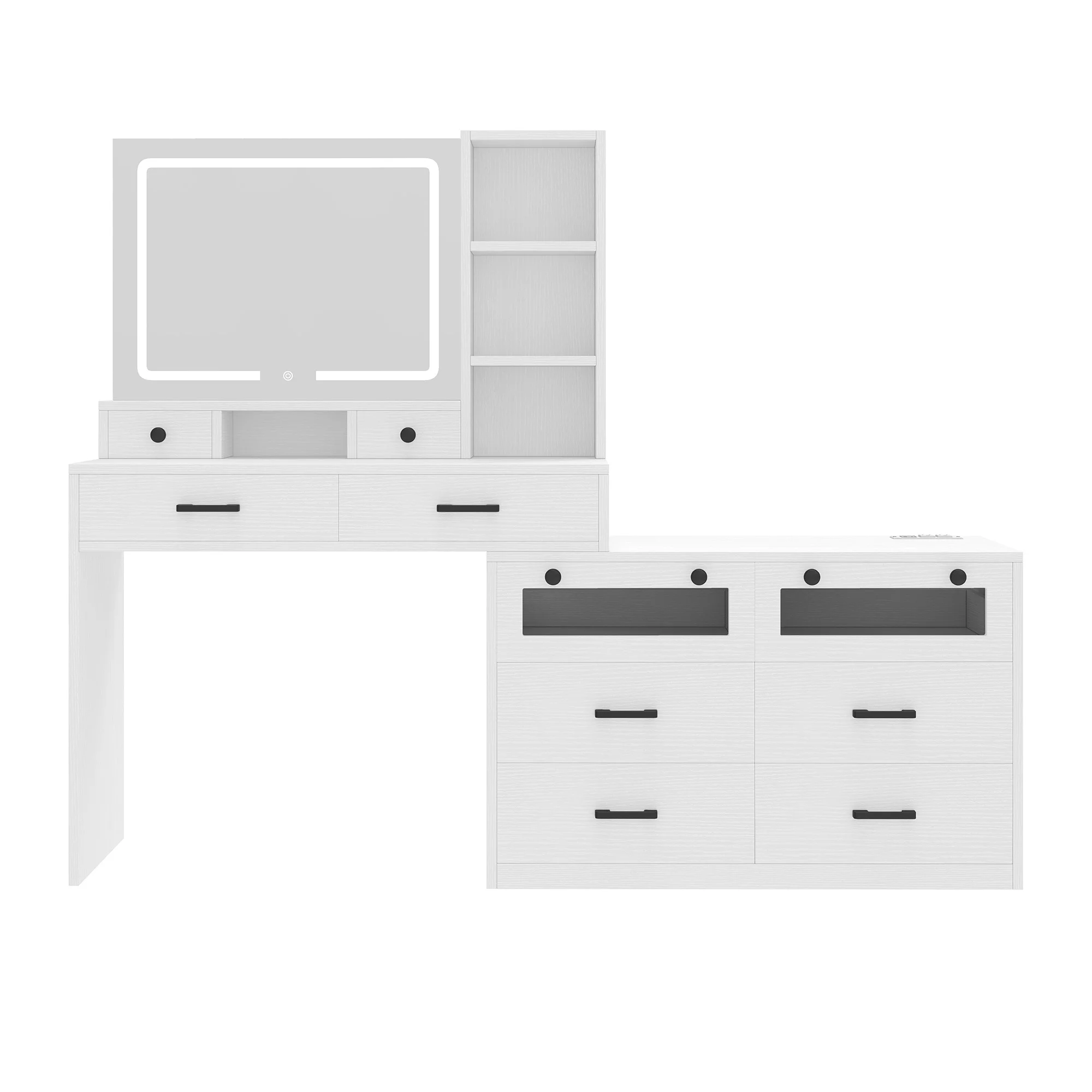 Uforic Vanity Makeup Desk with LED Light Mirror & Power Outlet, 10 Drawers, 4 Storage Shelves, 3 Color Modes & Adjustable Brightness Dressing Table, Corner Vanity,L Shape Change, 65