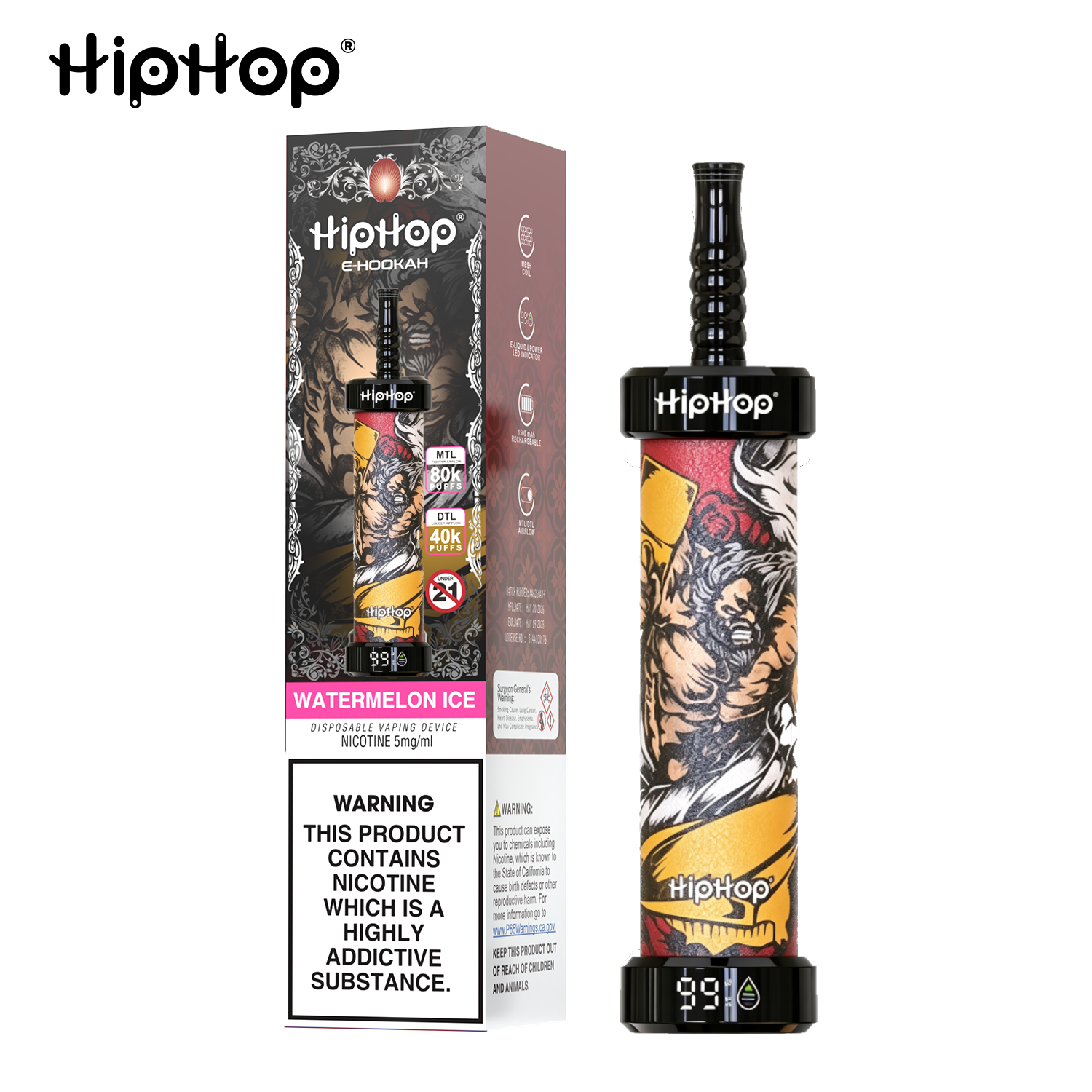 E-papieros HipHop E-Hookah 80K | Elektroniczna Szisza DTL/MTL | Ekran LED