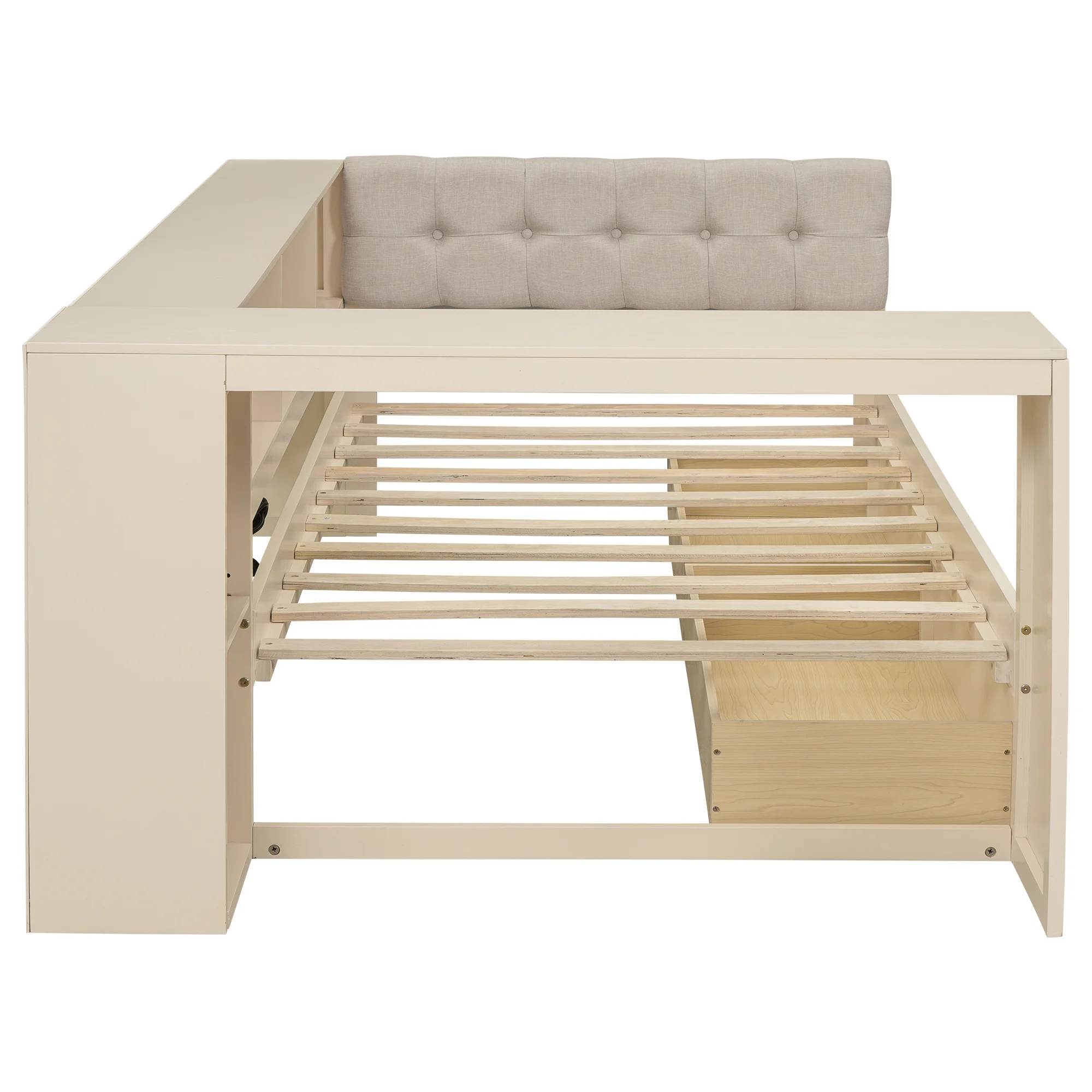 Euroco Wood Twin Size Platform Bed with Desk and Shelves, Drawers and USB Charging for Kids, Cream