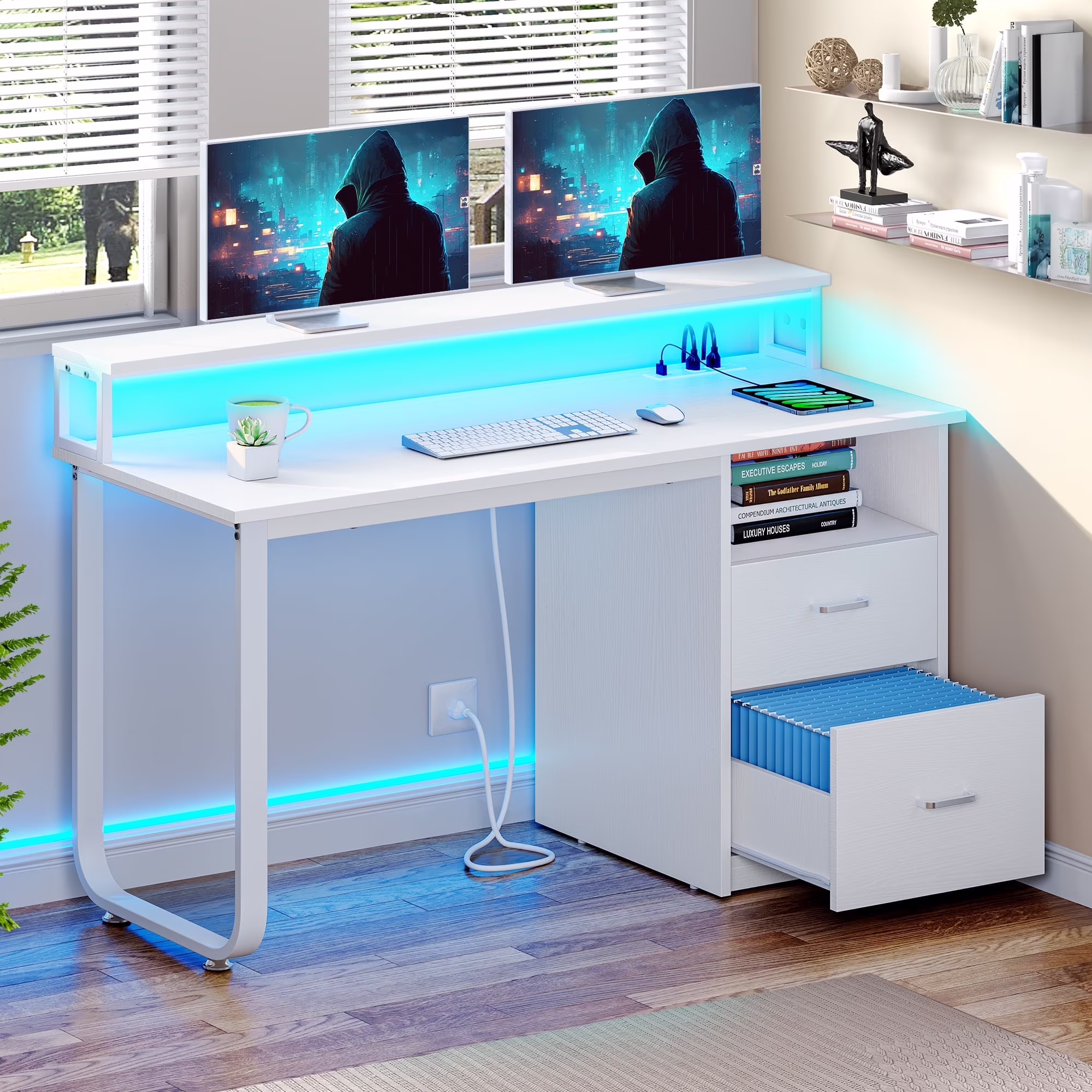 Dextrus 47 inch Computer Desk with Storage Drawers & LED Light, Office Desk with Monitor Stand & Power Outlets, Work Study PC Desk for Small Spaces, Home Office, Oak