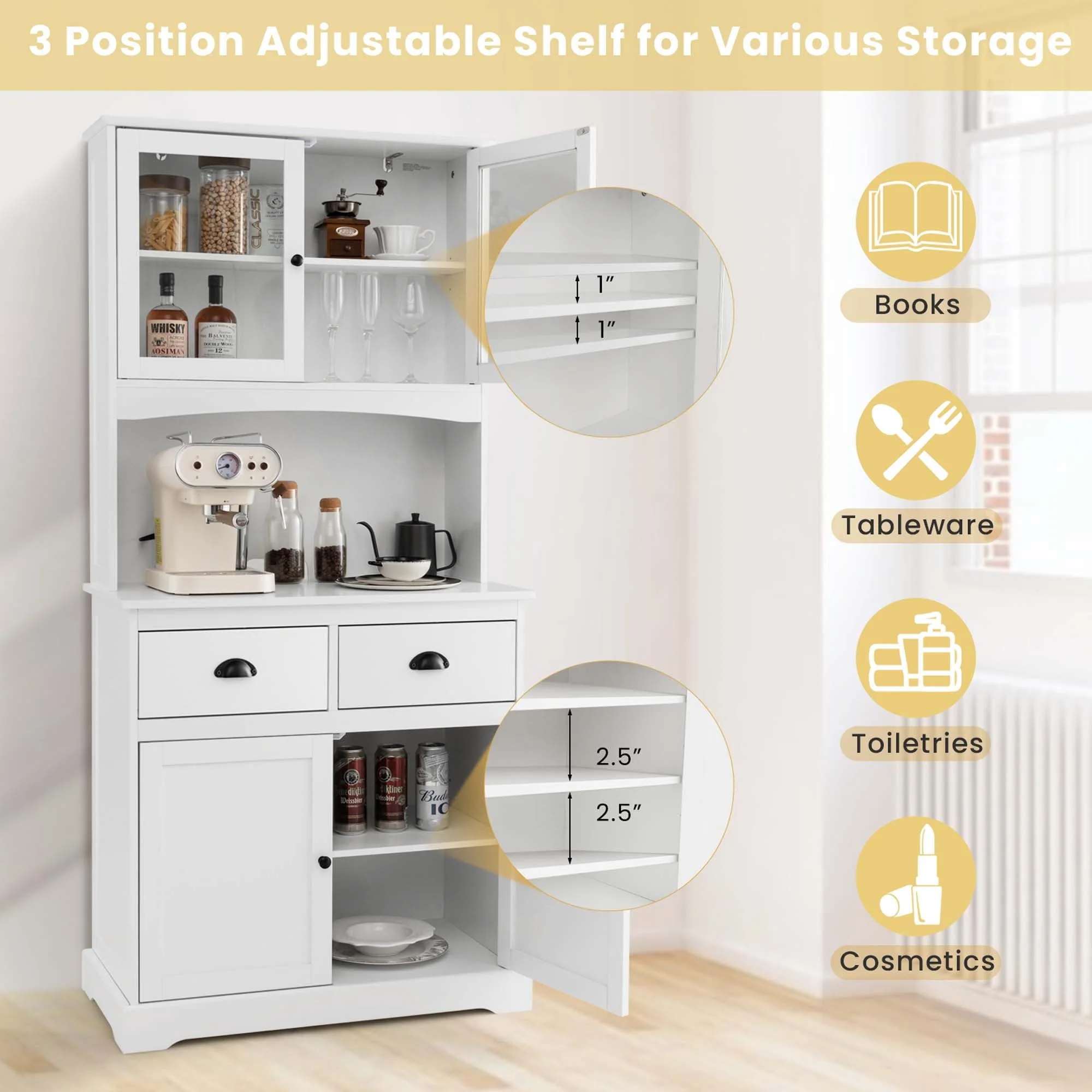 Costway 67'' Storage Cabinet Closet Kitchen Pantry Cupboard with Adjustable Shelves White