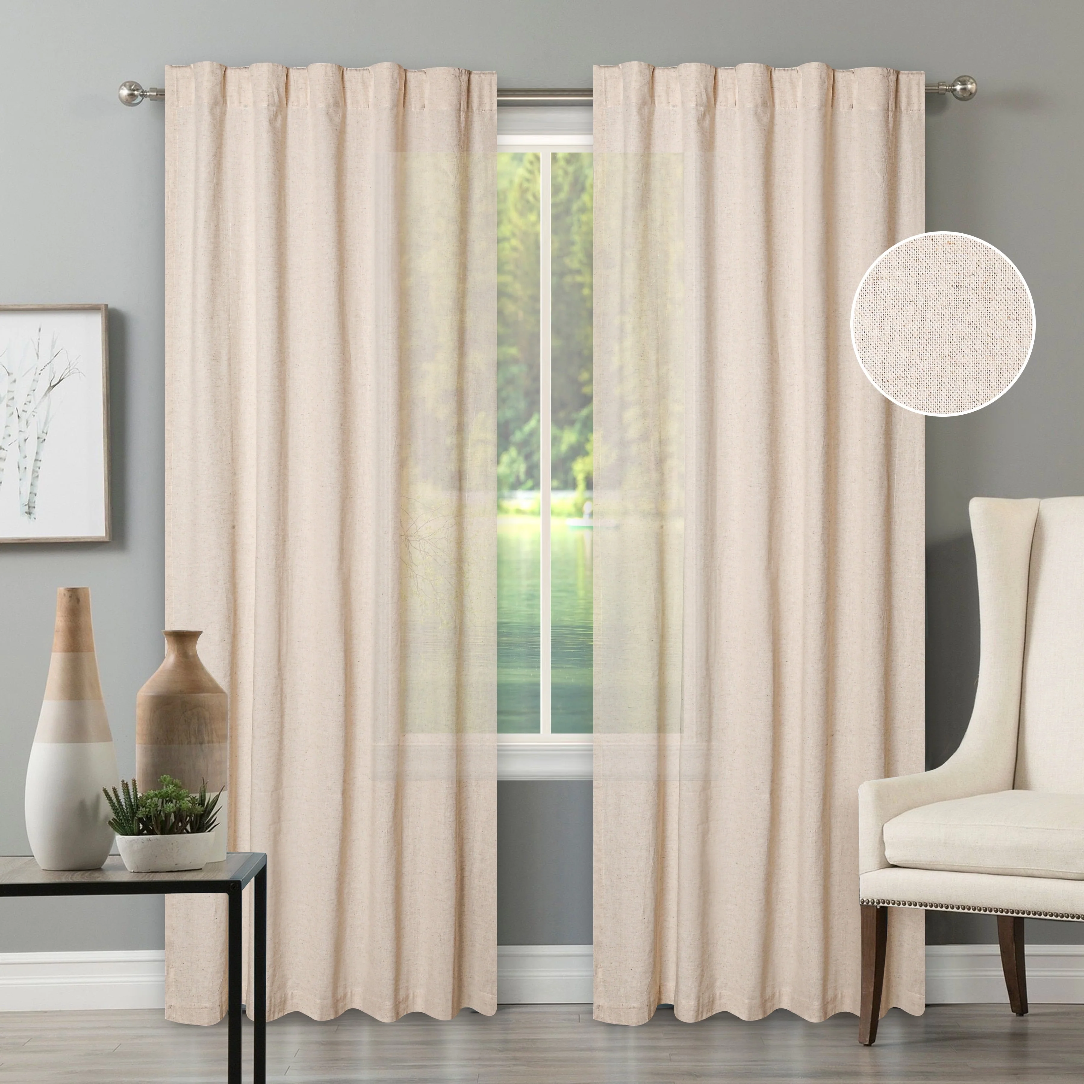 Bedding Craft Natural Cotton/Linen Window Panels Tab Top, Room Darkening Drapes, Set of 2, 50 x 63 inch, White
