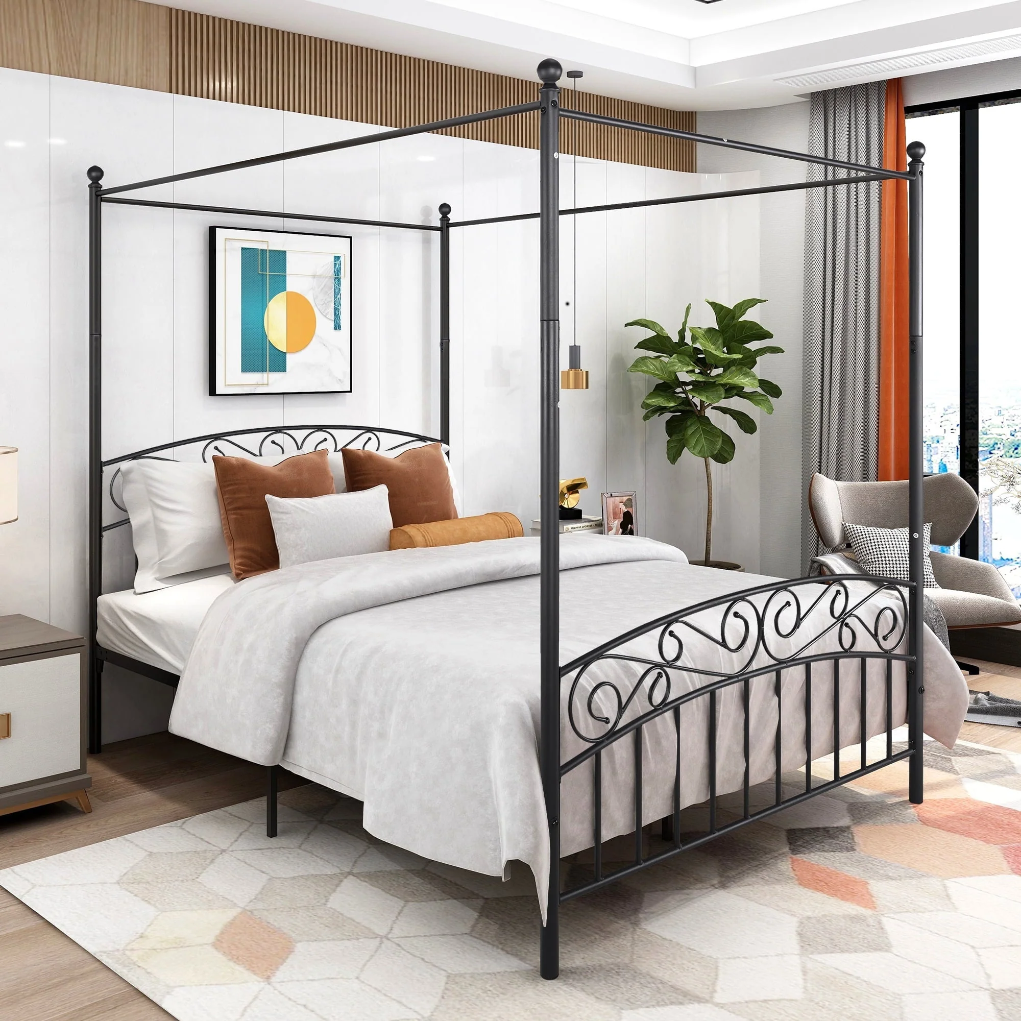 Queen Canopy Platform Bed, Classic Metal Canopy Bed Frame with Headboard, Strong Steel Slats Support, Heavy Duty Queen Size Canopy Bed for Teens Adults, 500lbs Capacity, No Box Spring Needed, Black