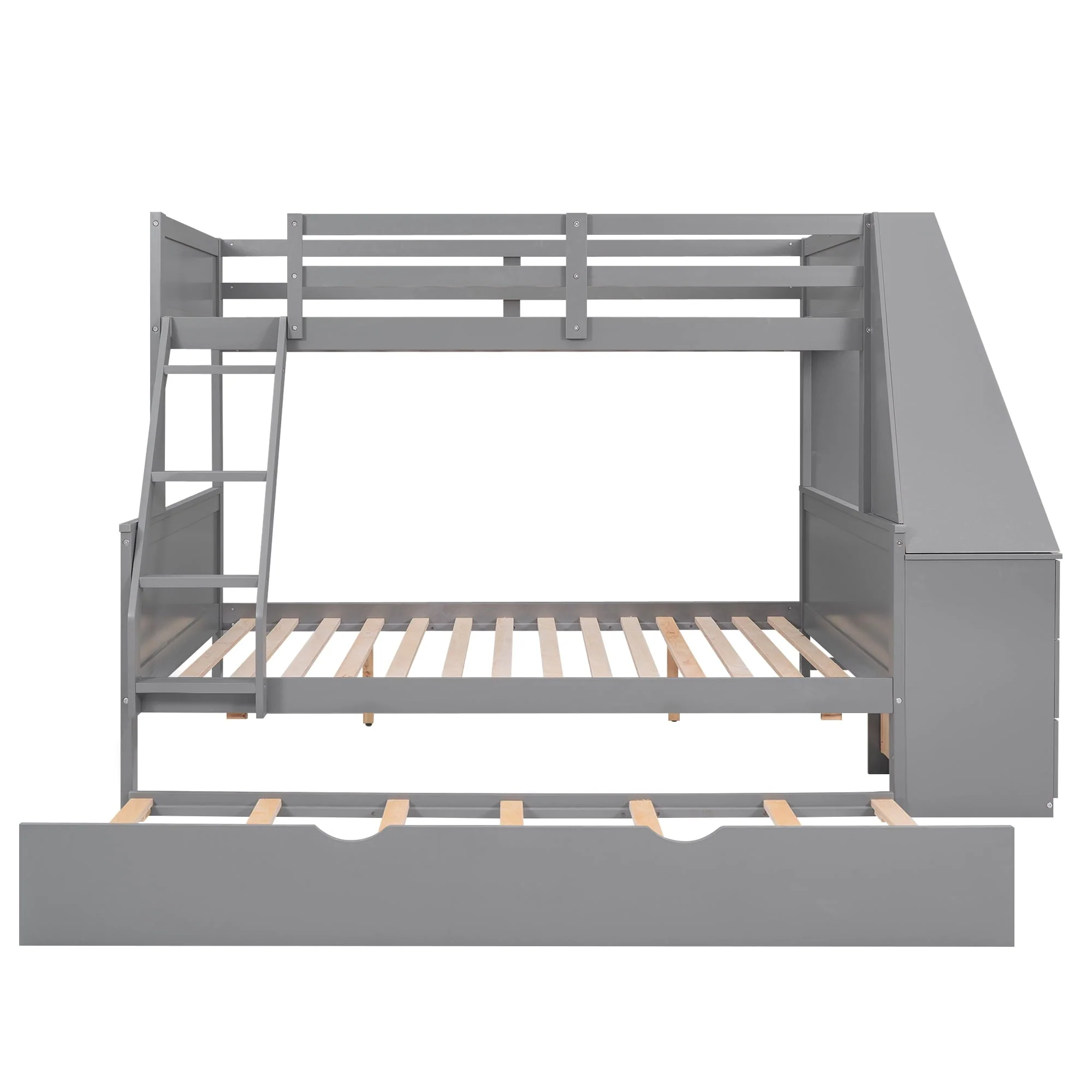 EUROCO Twin over Full Bunk Bed with Trundle, Built-in Desk with Bookcase and 3 Drawers for Kids, Gray