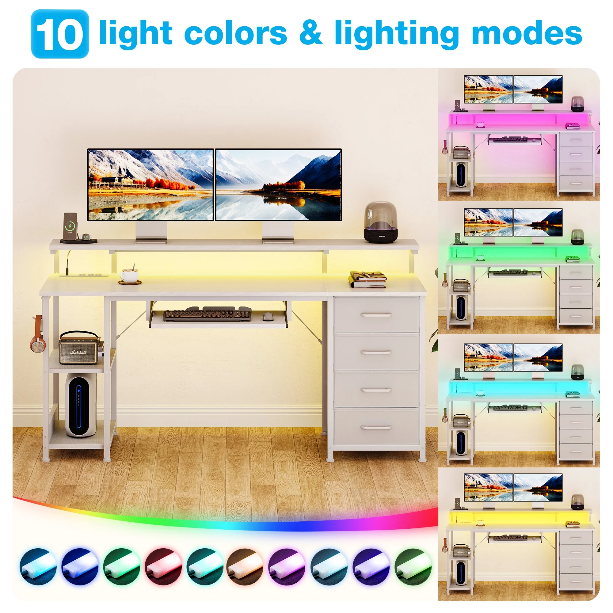 55 inch Office Desk with Power Outlet and Adjustable Monitor Stand, Computer Desk with Fabric Drawer and Keyboard Tray, Gaming Desk with LED Light & PC Stand, Vintage