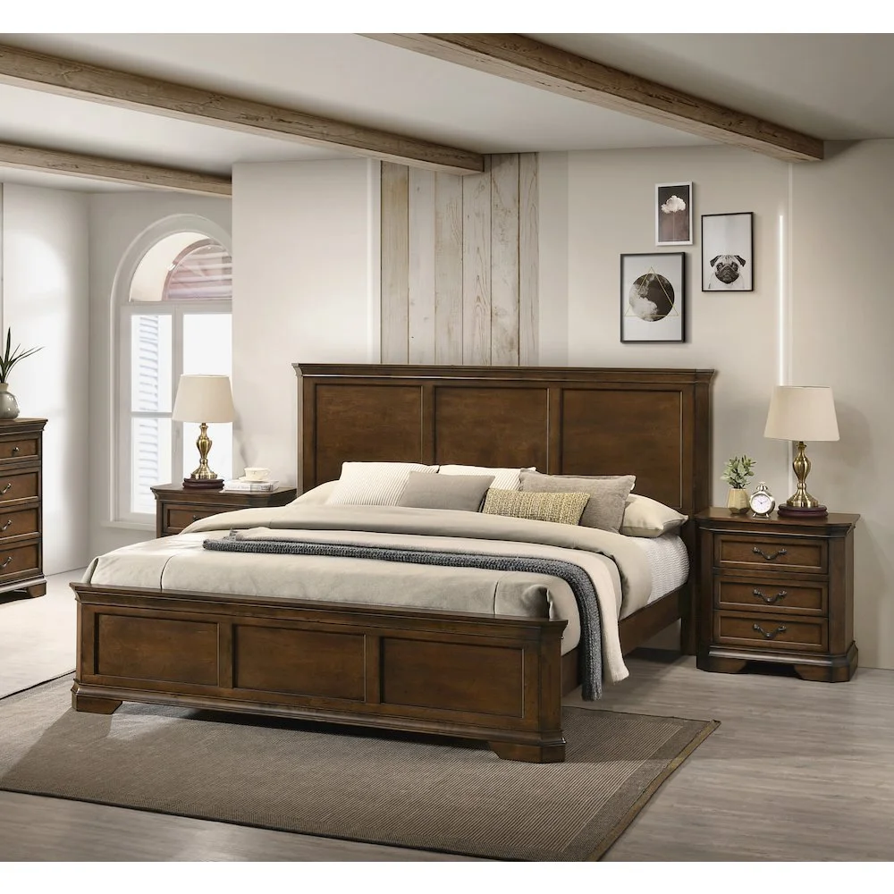 Maderne 3-Piece Bedroom Set with King Size Panel Bed and Two Nightstands, Antique Walnut Finish