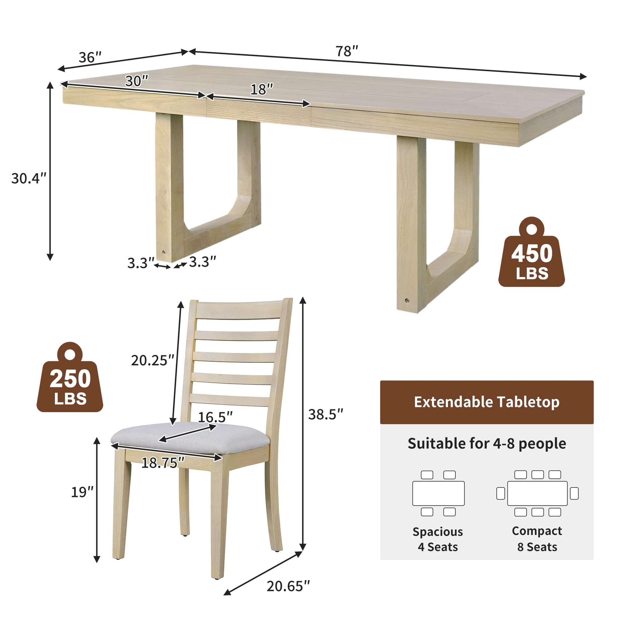 Harper & Bright Designs Farmhouse Extendable Dining Table Set for 6, 7 Pieces Rectangle Dining Table with 6 Upholstered Chairs, Wood Expanding Kitchen Table Set for Dining Room, Brown