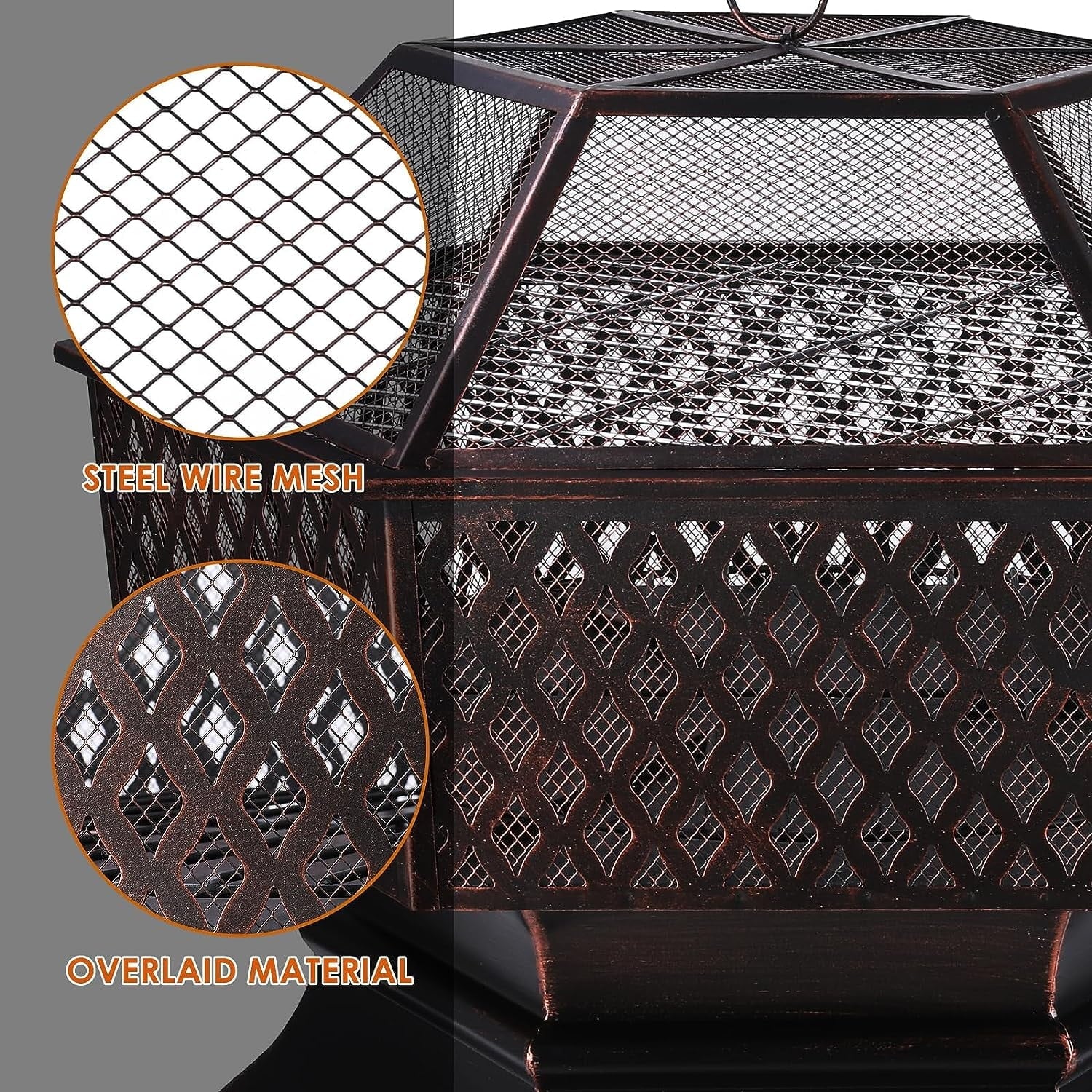 Arlopu 30'' Hex Shaped Steel Fire Pit for Outside, Wood Burning Fireplace Fire Bowl with Spark Screen & Fire Poker for Patio, Backyard, Camping