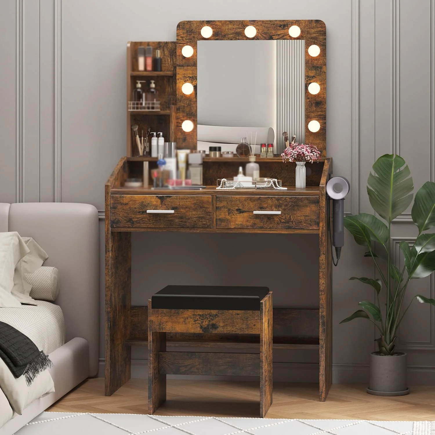 OYang Makeup Vanity with Lights, Vanity Desk with Mirror and Lights Set, Large Drawer and Two-Tier Lots Storage Cabinet, 3 Lighting Modes Adjustable Brightness