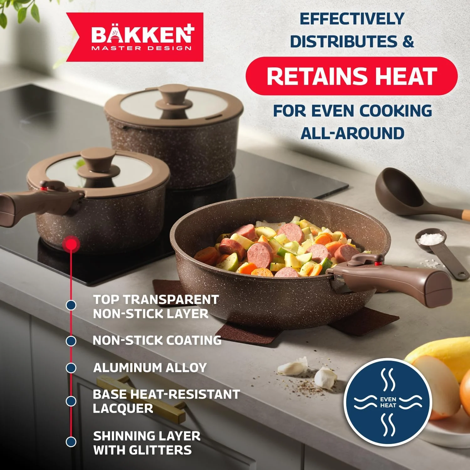 Bakken Master 38 Piece Granite Cookware and Bakeware Set �C Nonstick Granite Coating, Pots and Pans with Detachable Handles and Tempered Glass Lids, 6-piece Bakeware set, 12-piece Mixing Bowls,Brown