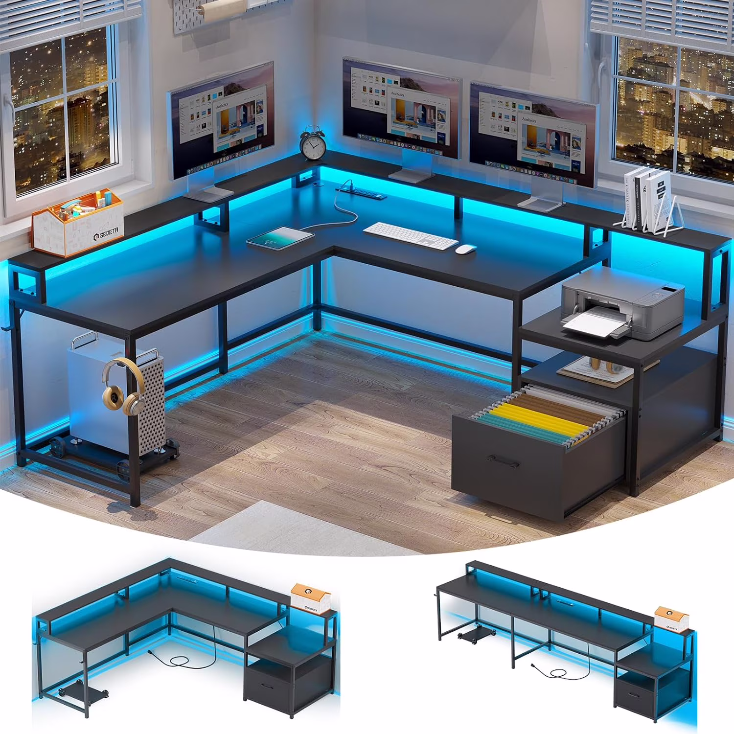 L Shaped Desk with Power Outlet and LED Lights, Corner Computer Desk with File Drawer for Home Office,  Gaming Desk,  Rustic Brown