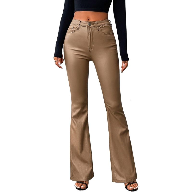 Women's Faux Leather Coated Flare Pants Mid