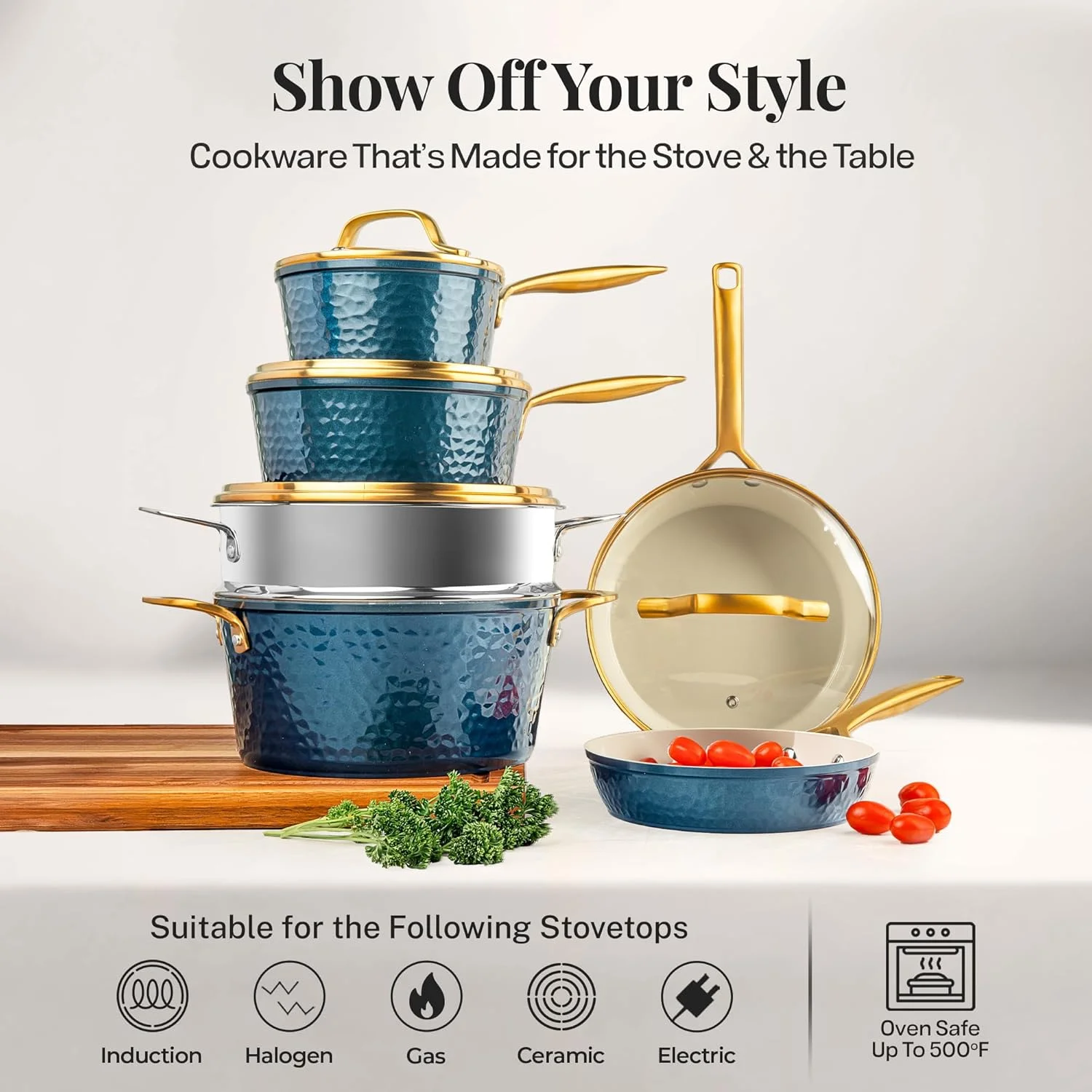 Gotham Steel Hammered 20 Pc Ceramic Cookware Set Nonstick, Induction Pots and Pans Set, Non Toxic Cookware Sets, Oven & Dishwasher Safe - Copper