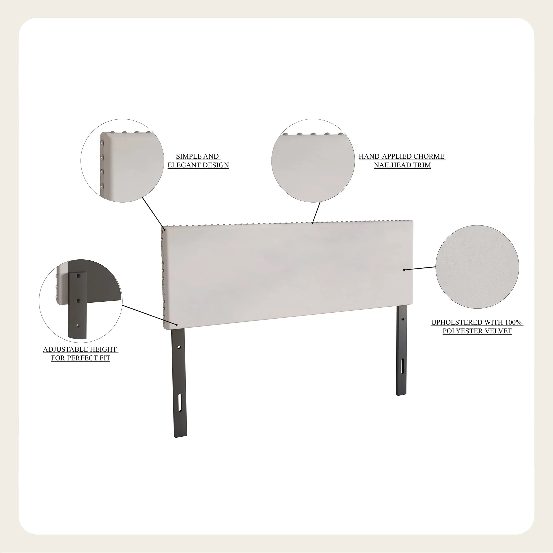Castle Place Upholstered Nailhead Trim Velvet Headboard, Silver Grey, Full