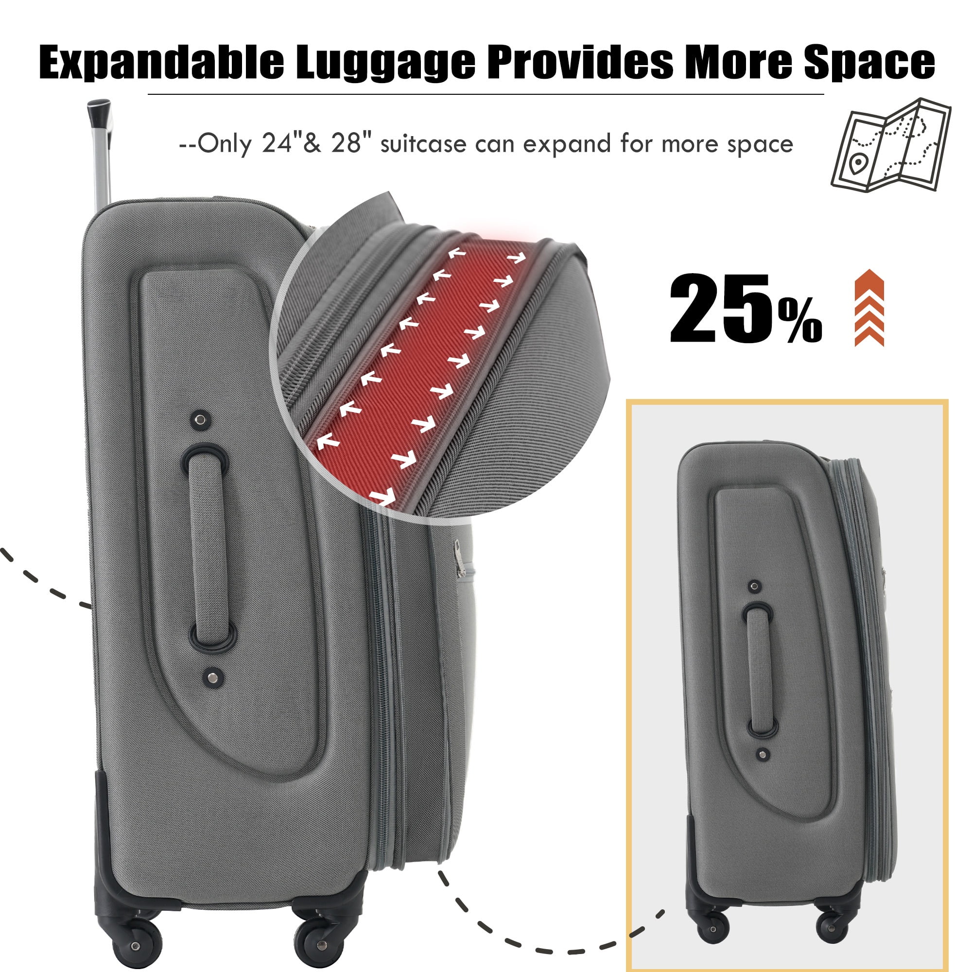 PAPROOS 3 PCS Luggage Set with Duffel Bag, Lightweight Carry on Softside Suitcases Set, 20in 24in 28in Expandable Suitcase with Spinner Wheel and TSA Lock, Softshell Luggage Travel Set, Gray