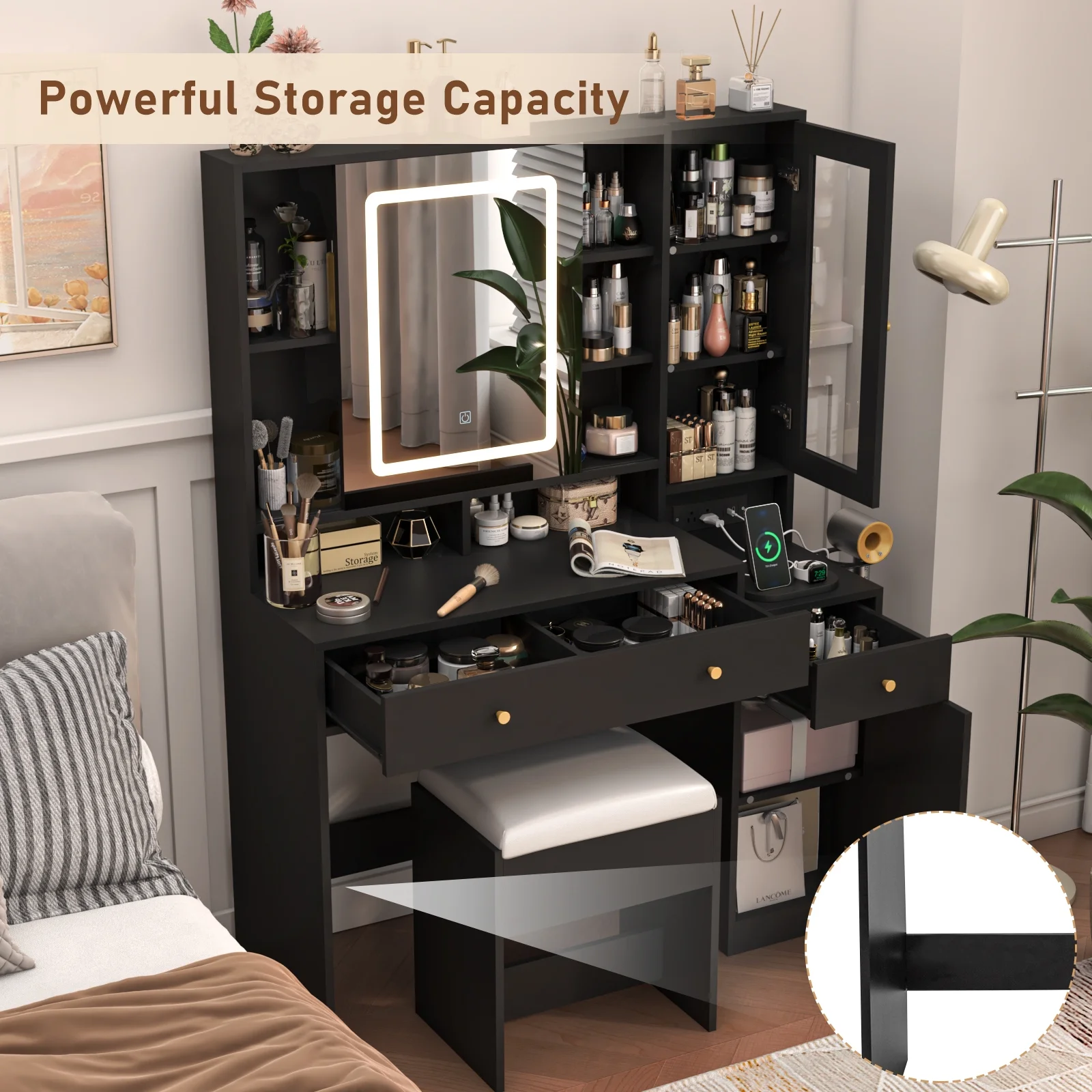 White Vanity Desk with Sliding Mirror & Lights, Vanity Table Makeup Desk with Charging Station 2 Drawers 2 Doors, Lots of Storage Shelves, Large Vanity Set with Cushioned Stool