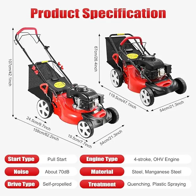 20-Inch Self-Propelled Gas Lawn Mower with 140cc OHV Engine – 3-in-1 Cutting. Adjustable Height for Municipal & Large-Scale Landscaping