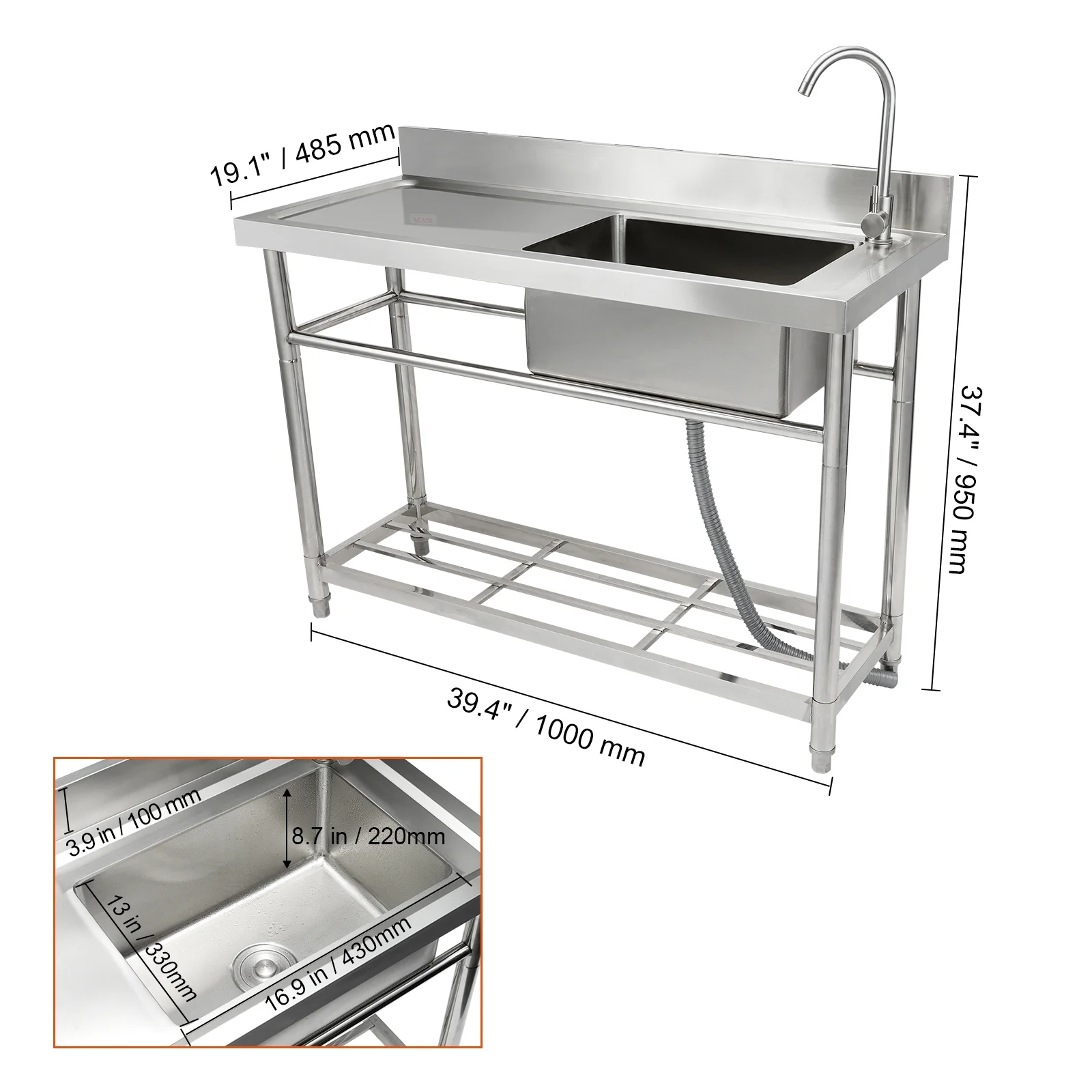 KFFKFF Commercial Public Facilities And Preparation Of Single Bowls, Bring The Workbench 39.4 x 19.1 x 37.4 inch