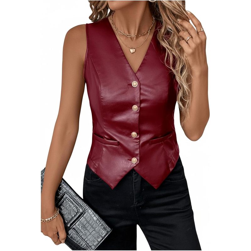 Women's PU Leather Button Down V Neck Sleeveless Jacket Vest Waistcoat