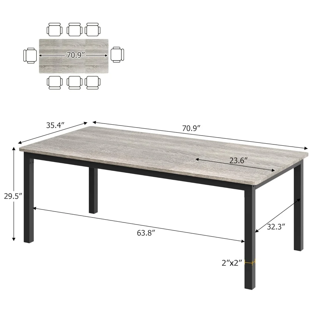 71 Inch Industrial Dining Table, Large Rectangle Kitchen Table with Metal Legs, Round Corners, Wooden Conference Tables Writing Desk for Dining Room, Living Room