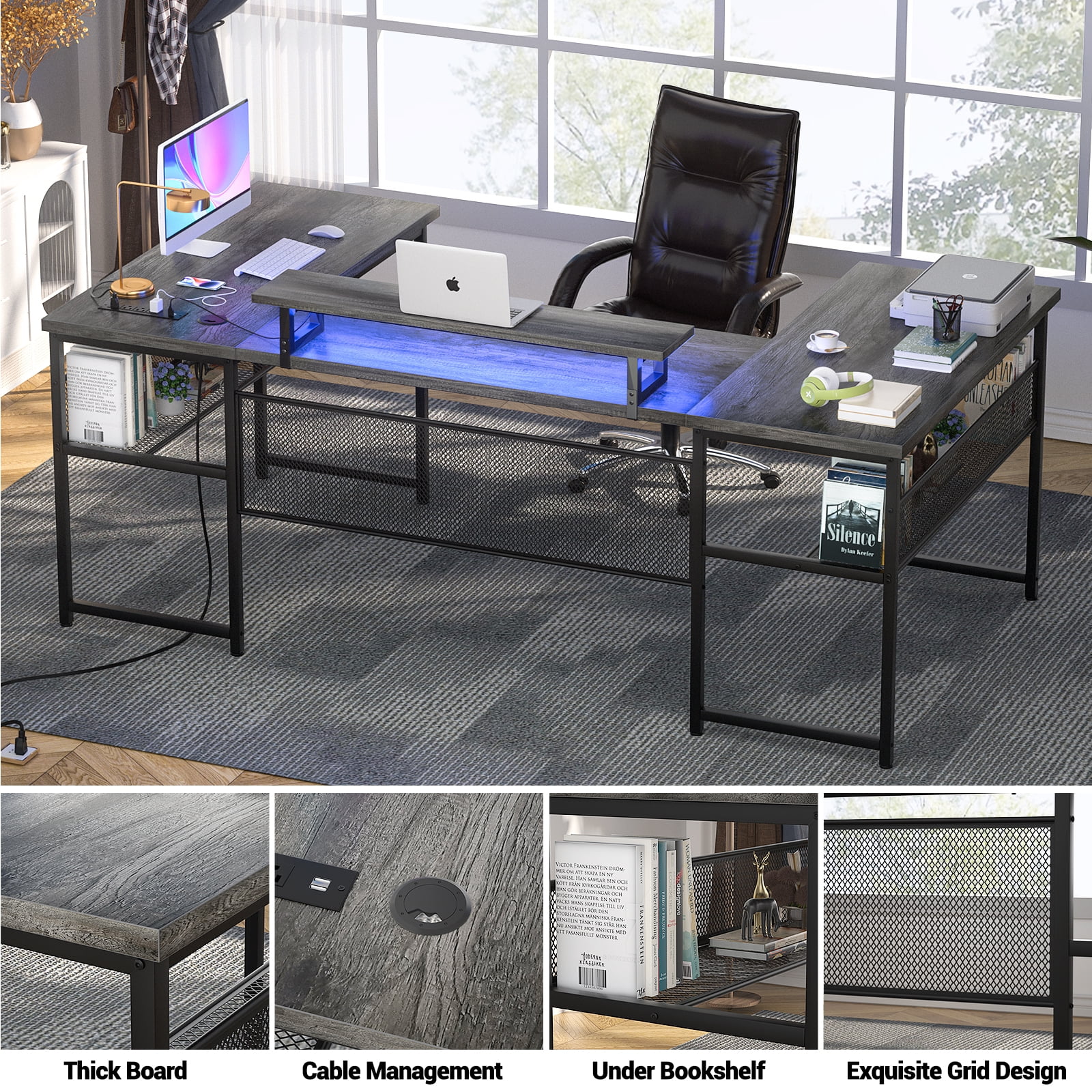 Homieasy U Shaped Desk with Power Outlet and LED Strips, 129.9'' Ergonomic L-Shaped Gaming Desk with Monitor Stand, Reversible Corner Computer Desk with Storage Shelf for Home Office, White Oak