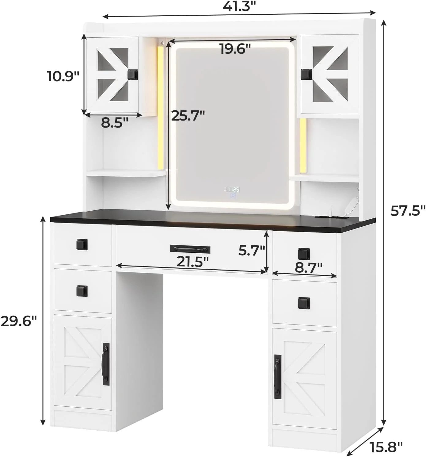 Afuhokles Large Vanity Desk with Lighted Mirror, 5 Drawers Makeup Vanity with Charging Station and Smart Mirror, White