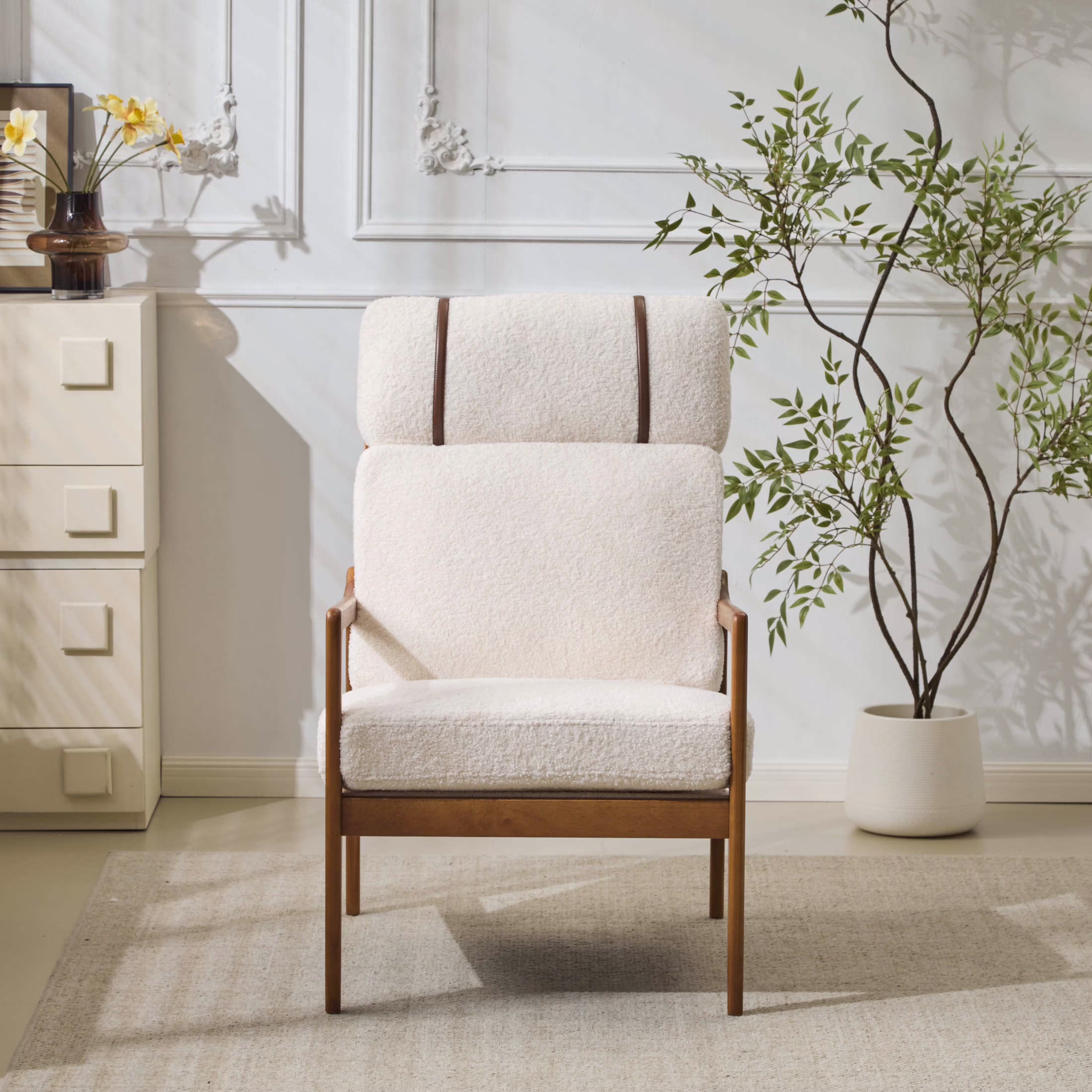 Christopher Knight Home Mid-Century Modern Accent Chair, Solid Wood Frame with High Back, Beige Cushions
