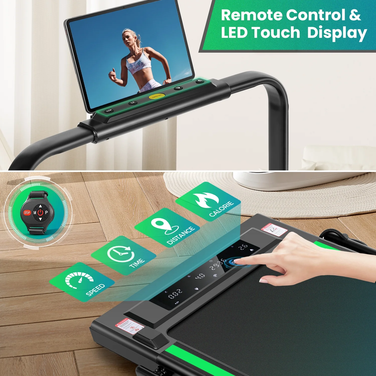 2 in 1 Walking Pad Treadmill with Incline, 2.5HP Under Desk Treadmill with Handle Remote Control & LED Touch Screen for Home Office Workout, 300lbs Weight Capacity Black & Green