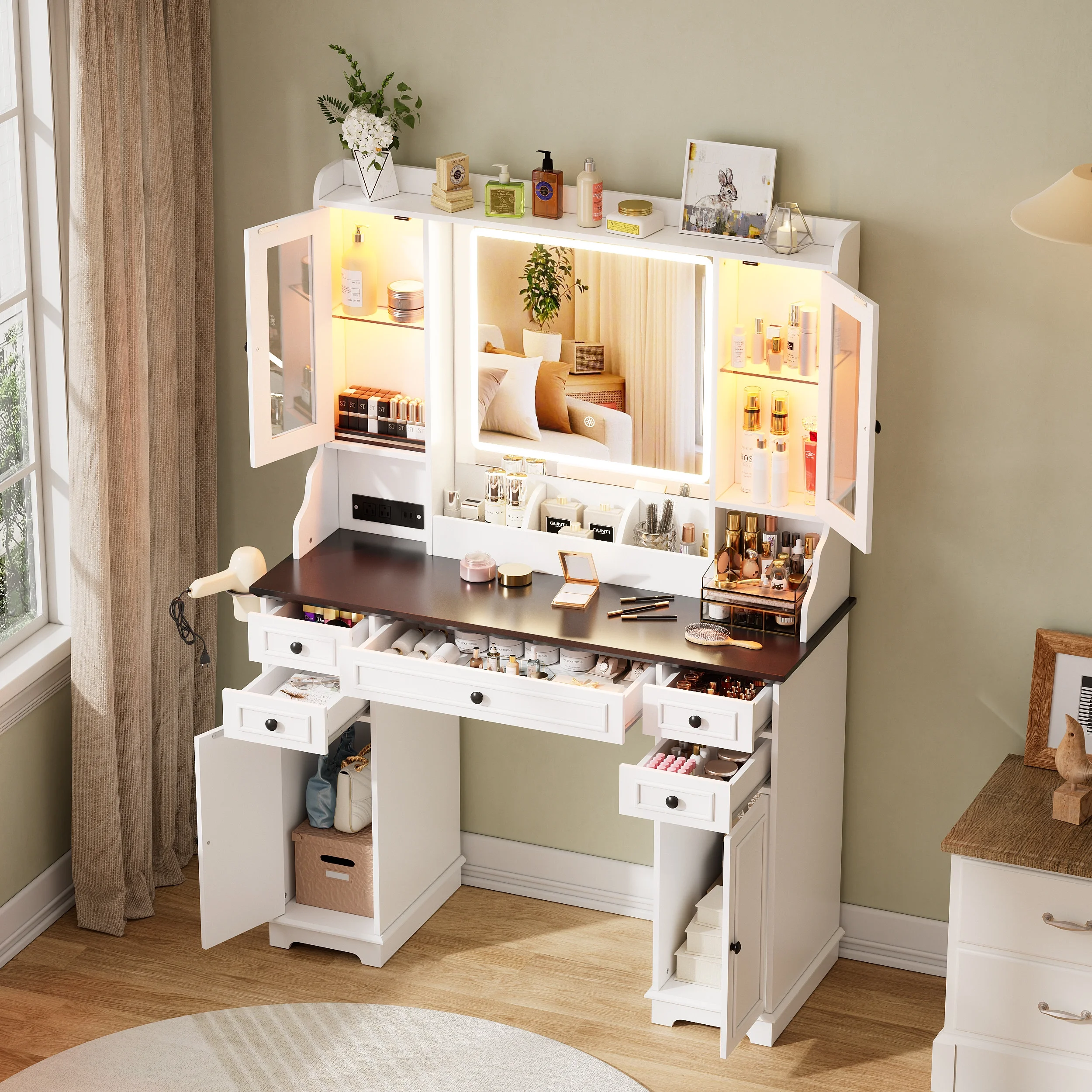 Farmhouse Makeup Vanity Desk with Mirror and Lights, Vanity Table with Glass Tabletop, Charging Station, 5 Drawers, Side Cabinet, Storage Shelves for Bedroom, White by TZUTOGETHER