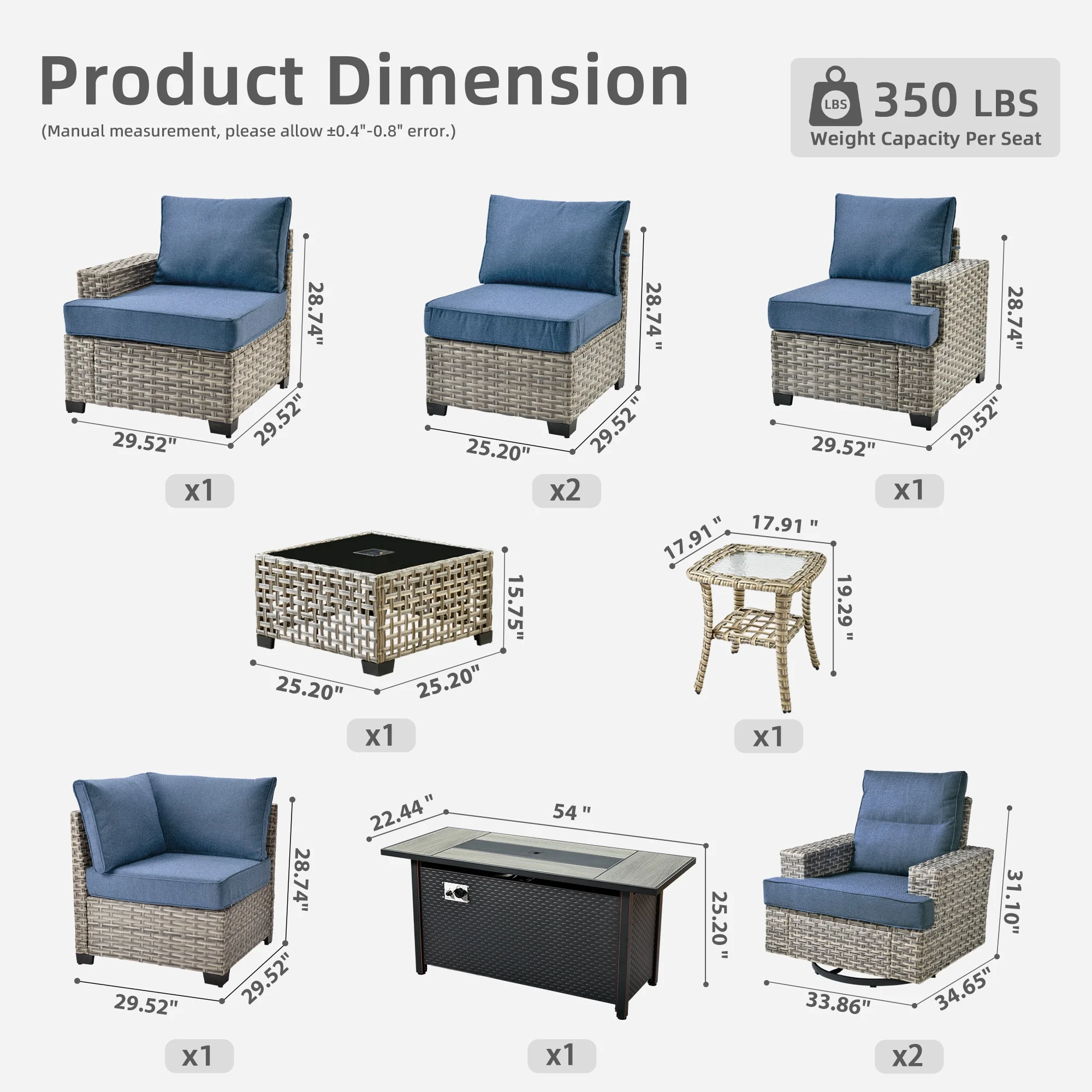 Ovios 10 Pieces Outdoor Patio Furniture Modern High-Back All-Weather Wicker Sectional Conversation Set with Propane Fire Pit Table & Swivel Chair, Dark Gray