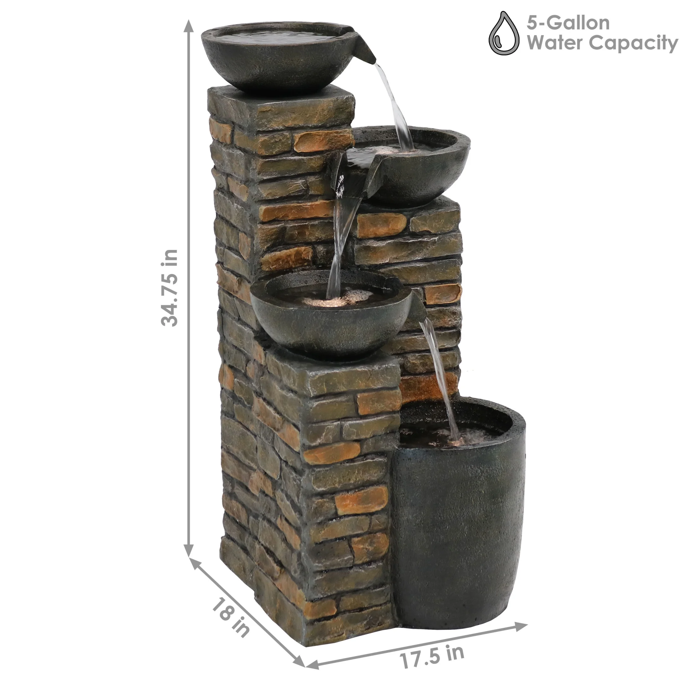 Sunnydaze Staggered Bowls Polyresin Outdoor Water Fountain with Light