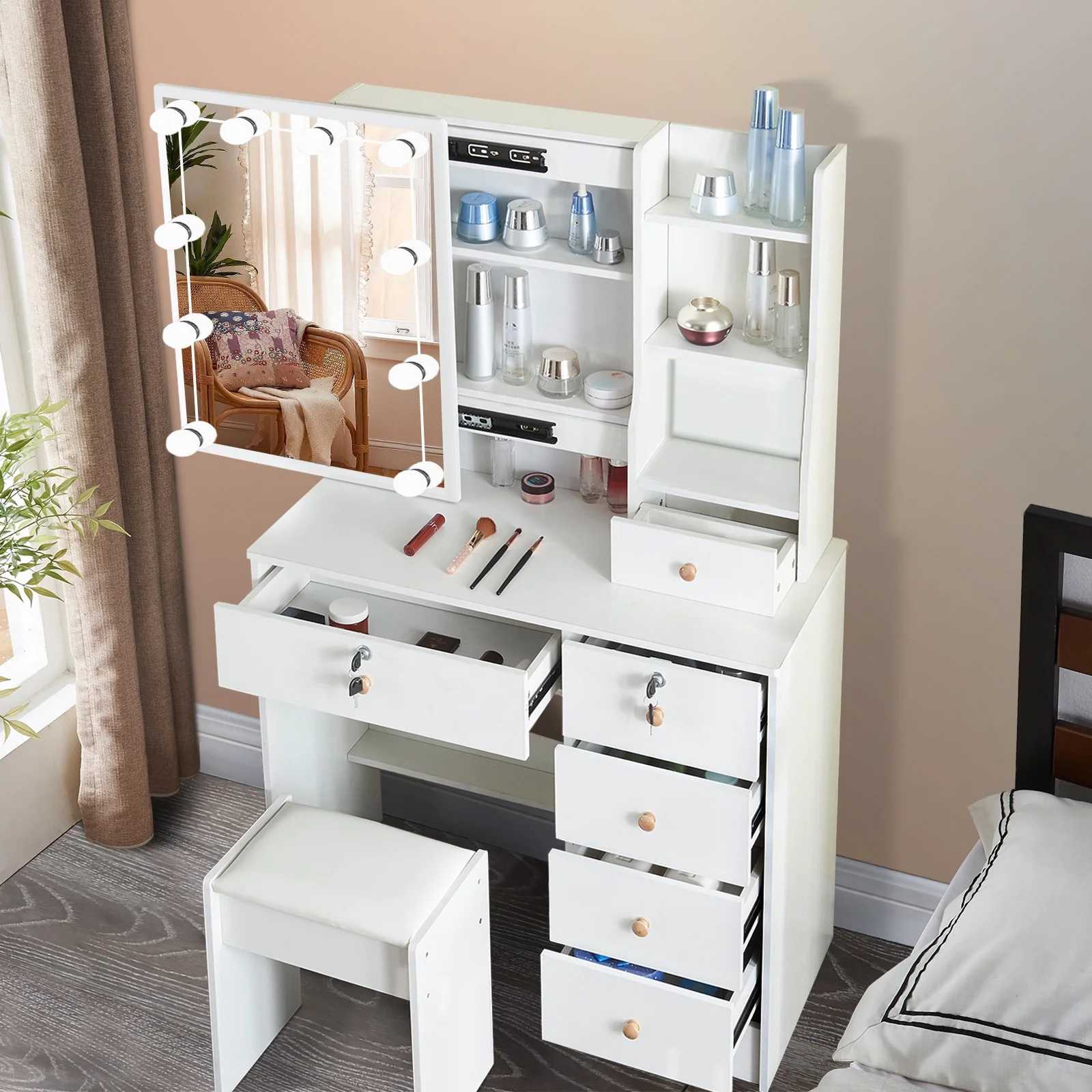 Yamissi Modern Makeup Vanity for Bedroom, Vanity Desk with LED Lighted Sliding Mirror and Stool, Makeup Table with Storage Shelves and Drawers, White