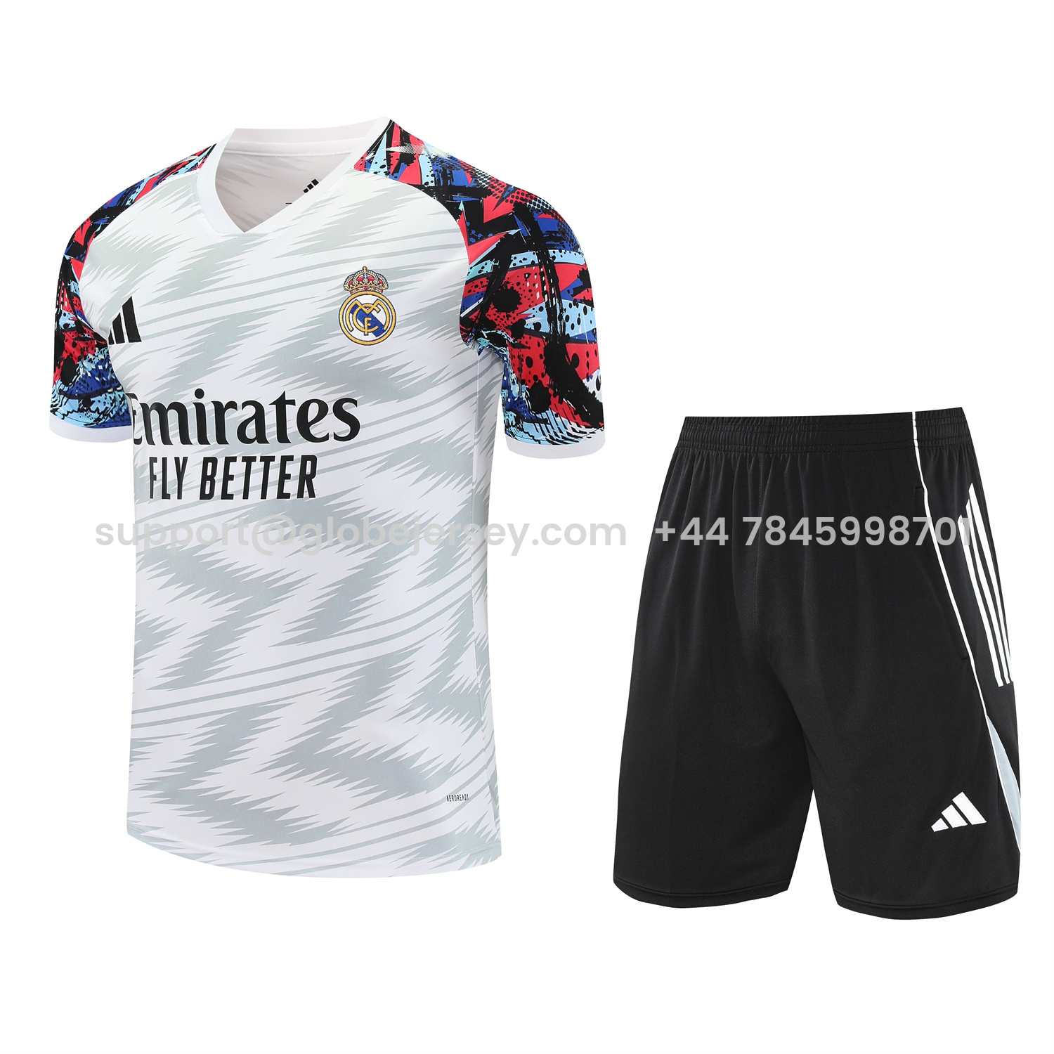 Real Madrid 25-26 Short-Sleeve Training Set - Grey Arrow Pattern Top & Black Shorts