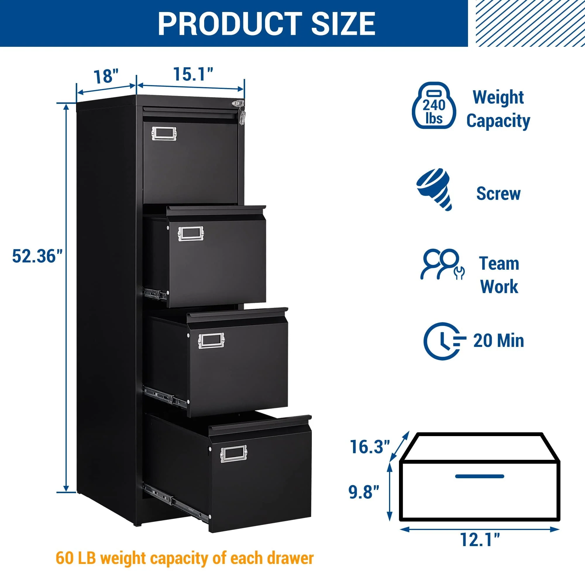 STANI 4 Drawer File Cabinet with Lock, Black Vertical Metal Filing Cabinets Home Office Storage File Cabinet for Hanging Files Folders Letter/Legal/A4 Size