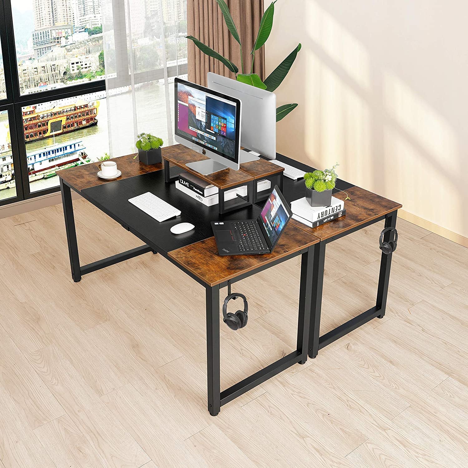 Arlopu 55'' Computer Desk with Monitor Stand, Home Office Desk, Sturdy Writing Study Table PC Laptop Table with Headphone Hook