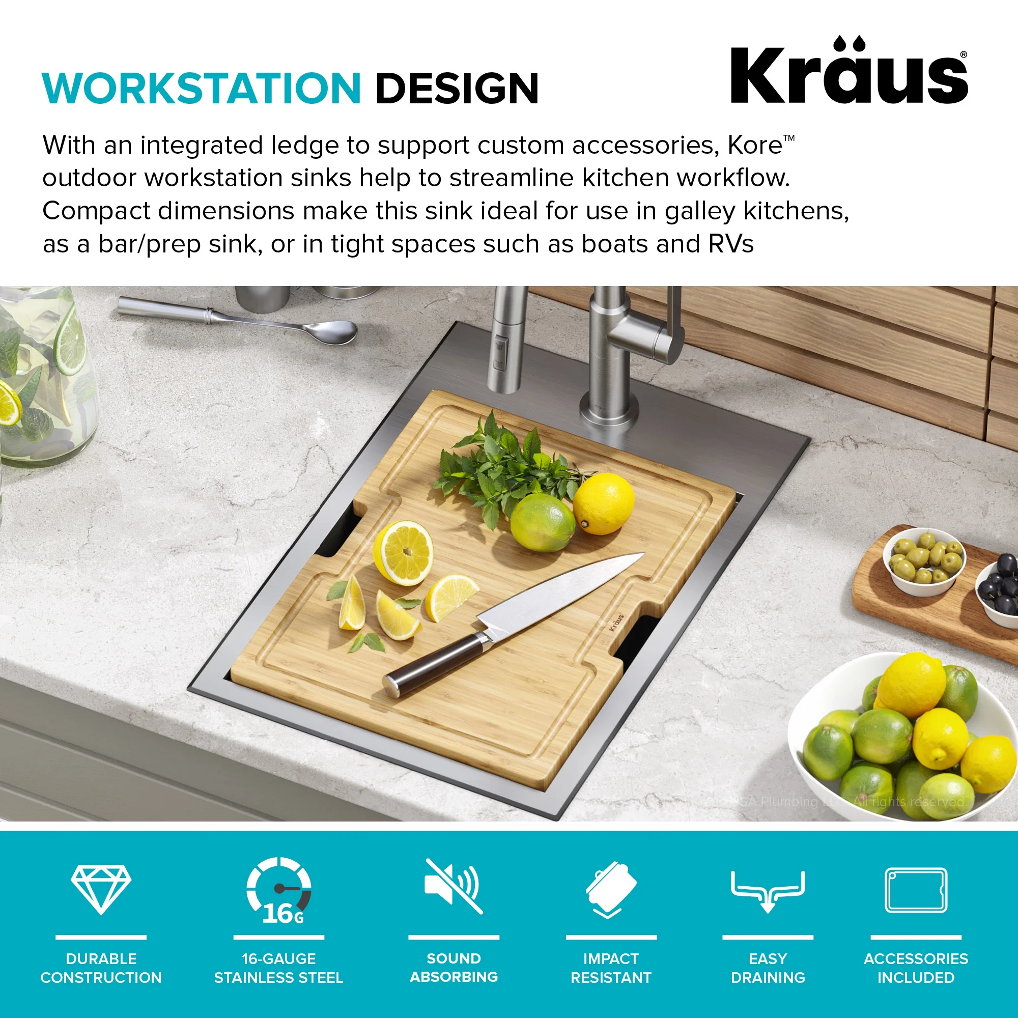Kraus Kore 15 Outdoor Workstation Drop-In 16 Gauge Marine Grade T-316 Stainless Steel Single Bowl Kitchen Bar Sink with Accessories