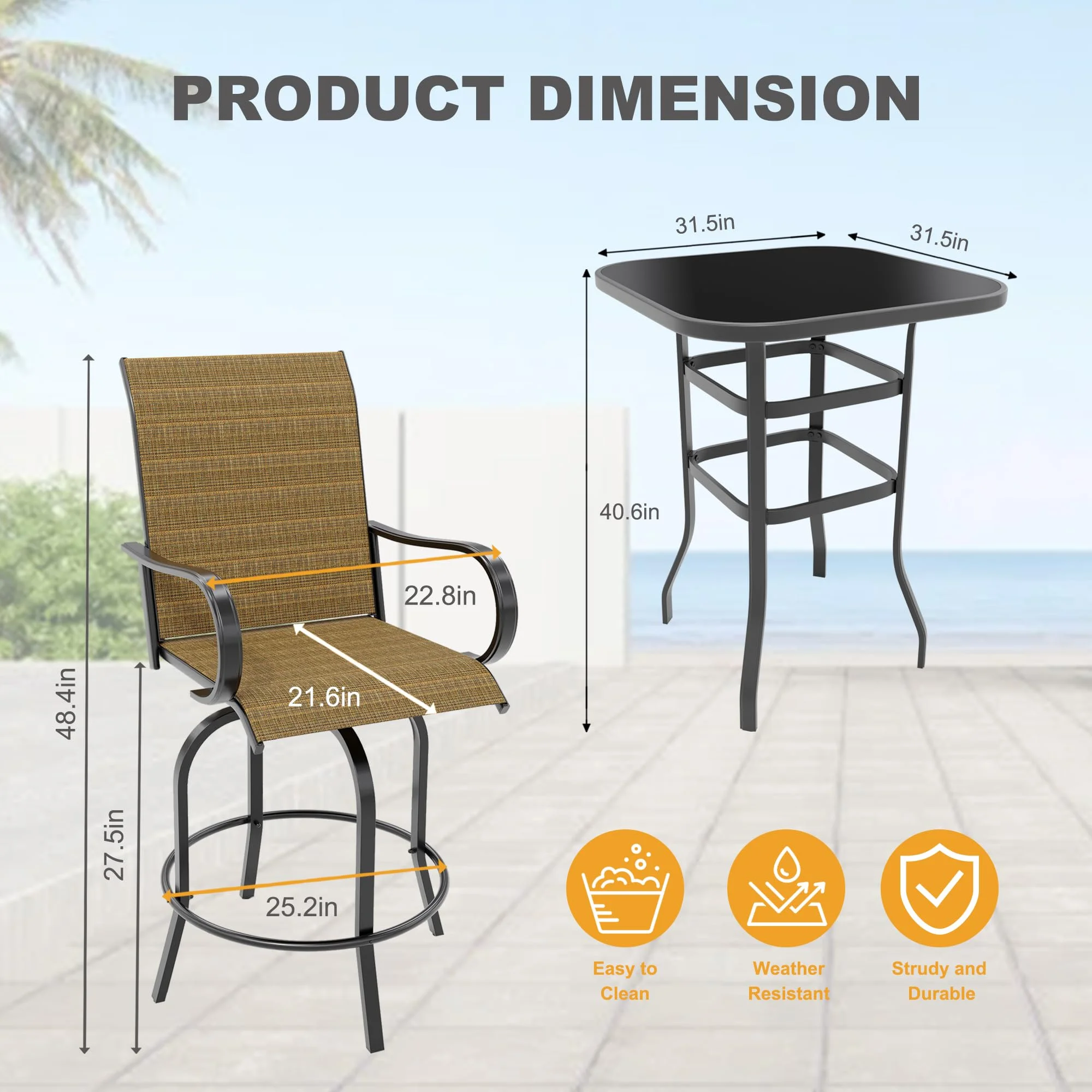 Riedhoff 3-Piece Patio Bar Set with 2 Swivel Chairs & Glass Table,All-Weather,Textile Fabric,Gold