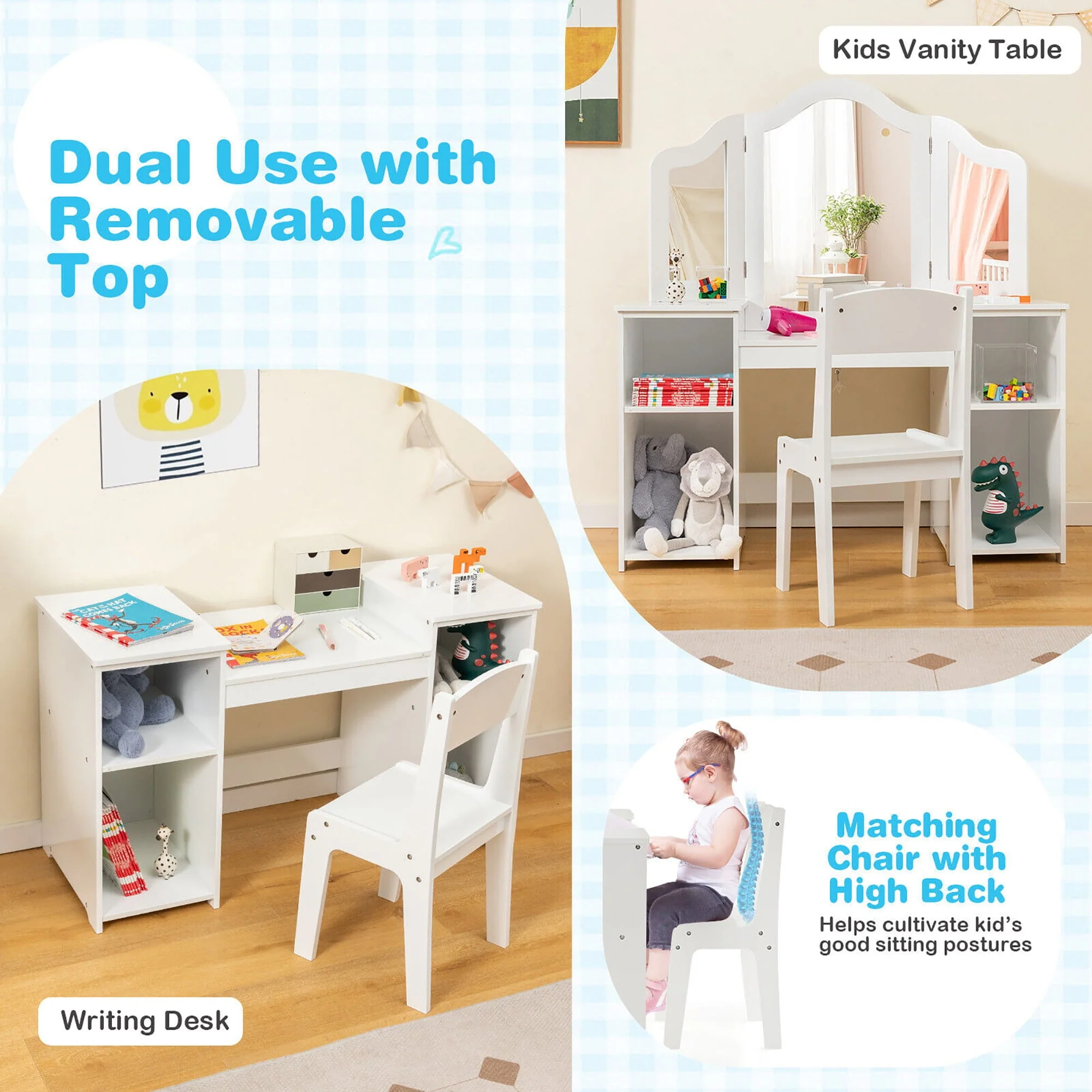 Gymax Kids Vanity 2 in 1 Princess Makeup Desk & Chair Set Safe Tri-fold Mirror White