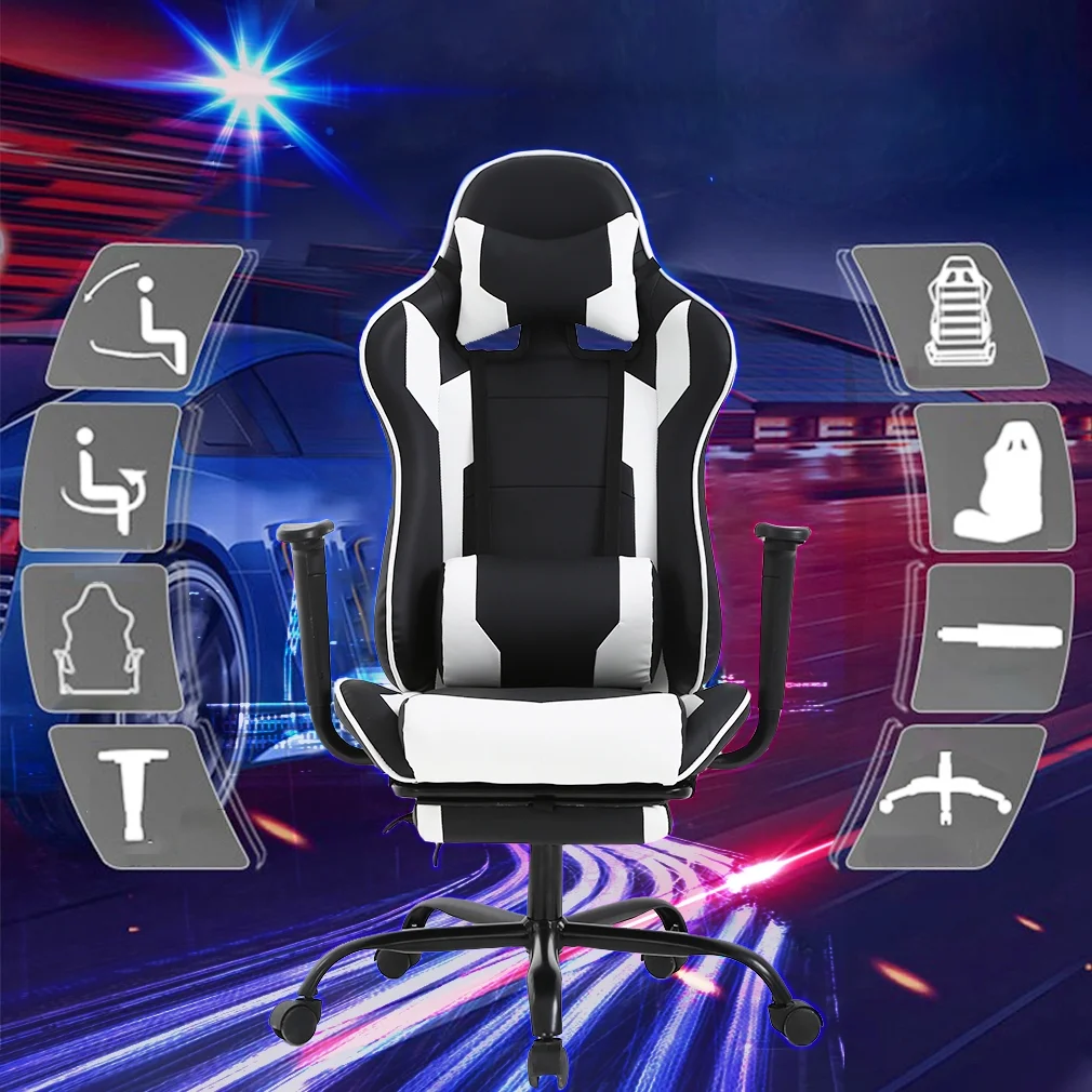 BestOffice Racing Style Gaming Chair with Adjustable Pillows and Footrest, White