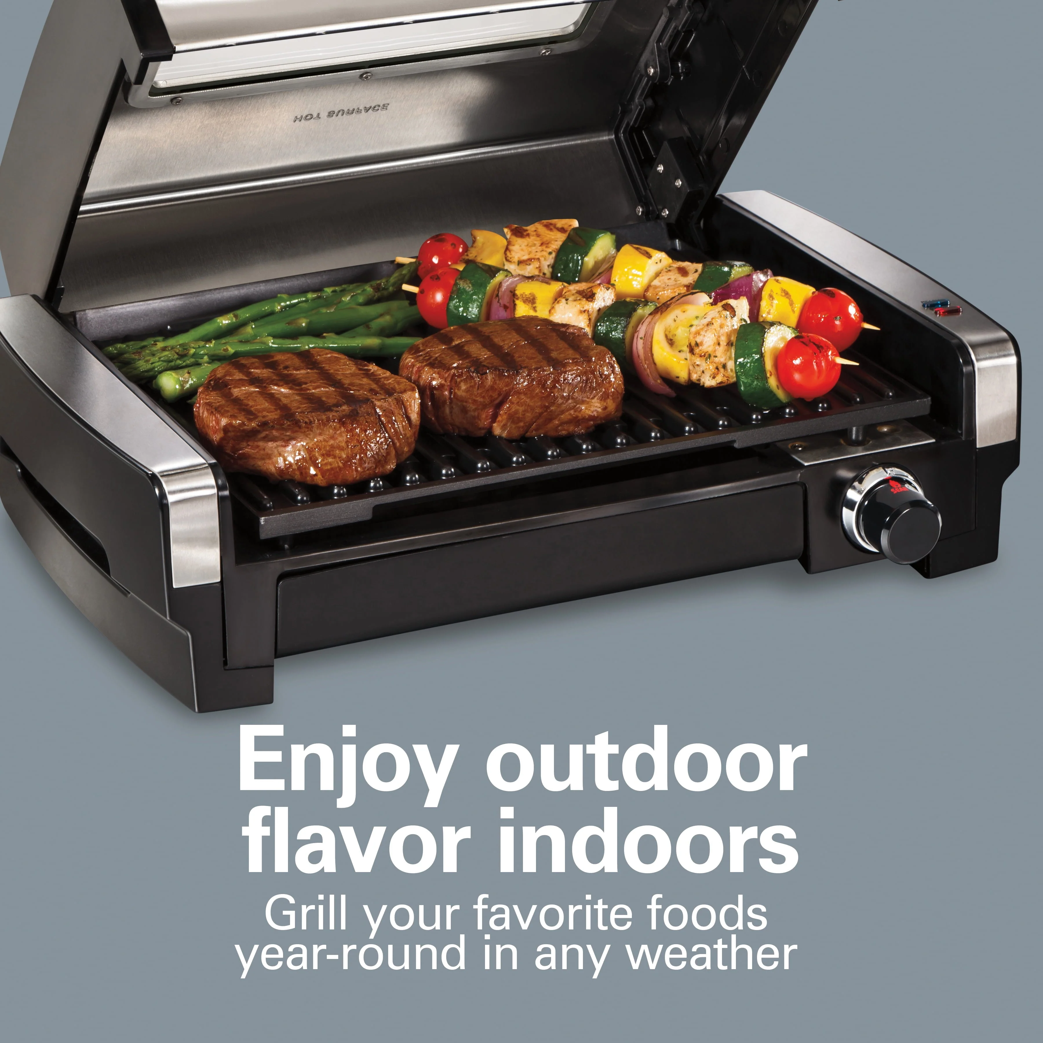 Hamilton Beach Electric Indoor Searing Grill with Viewing Window, Removable Easy to Clean Nonstick Plate, 6-Serving, Extra-Large Drip Tray, Stainless Steel, 25361