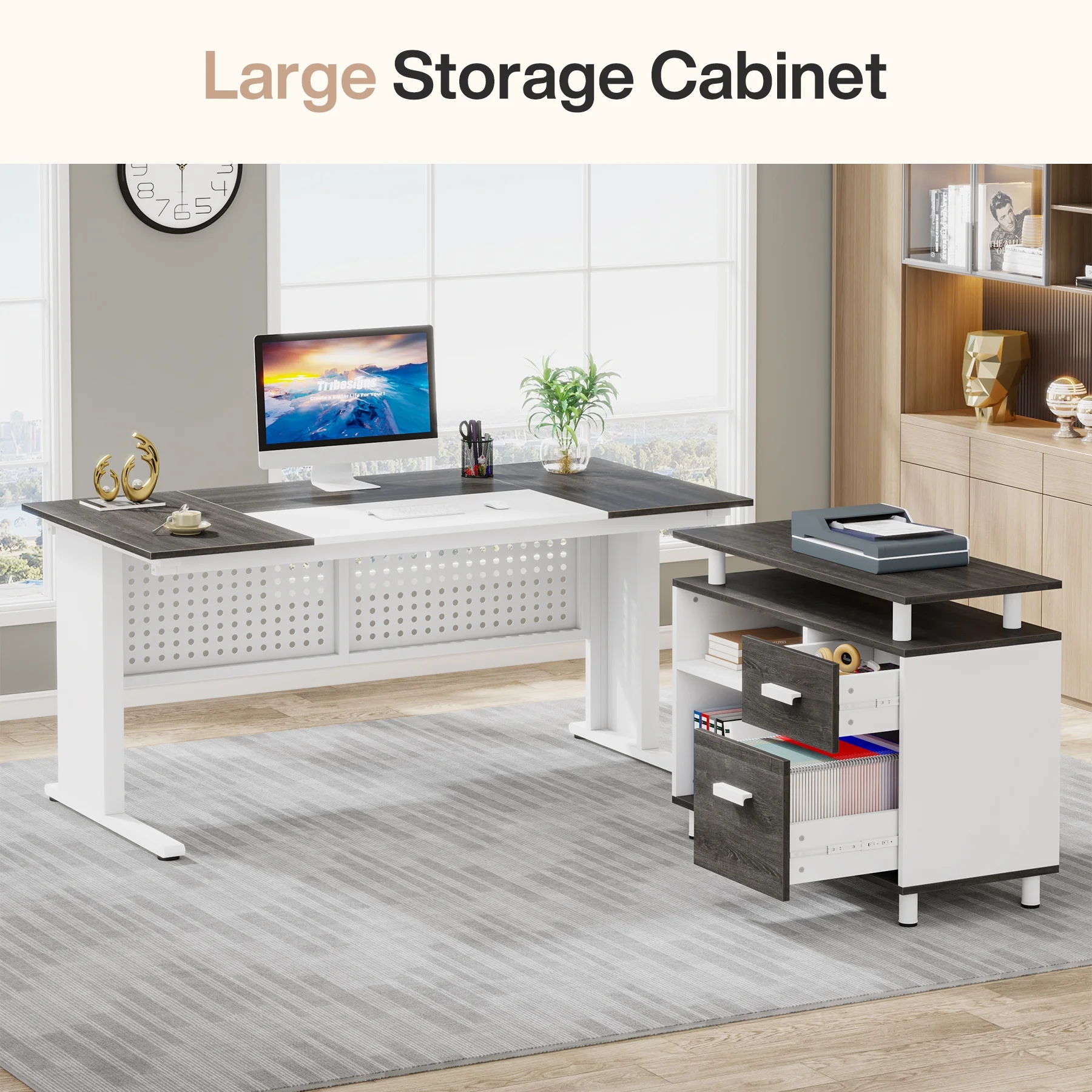 Tribesigns 63 Inch Executive Desk with File Cabinet, Large Office Desk L Shaped Computer Desk with Drawers and Storage Shelves, Business Furniture Desk Workstation for Home Office, Brown and Black