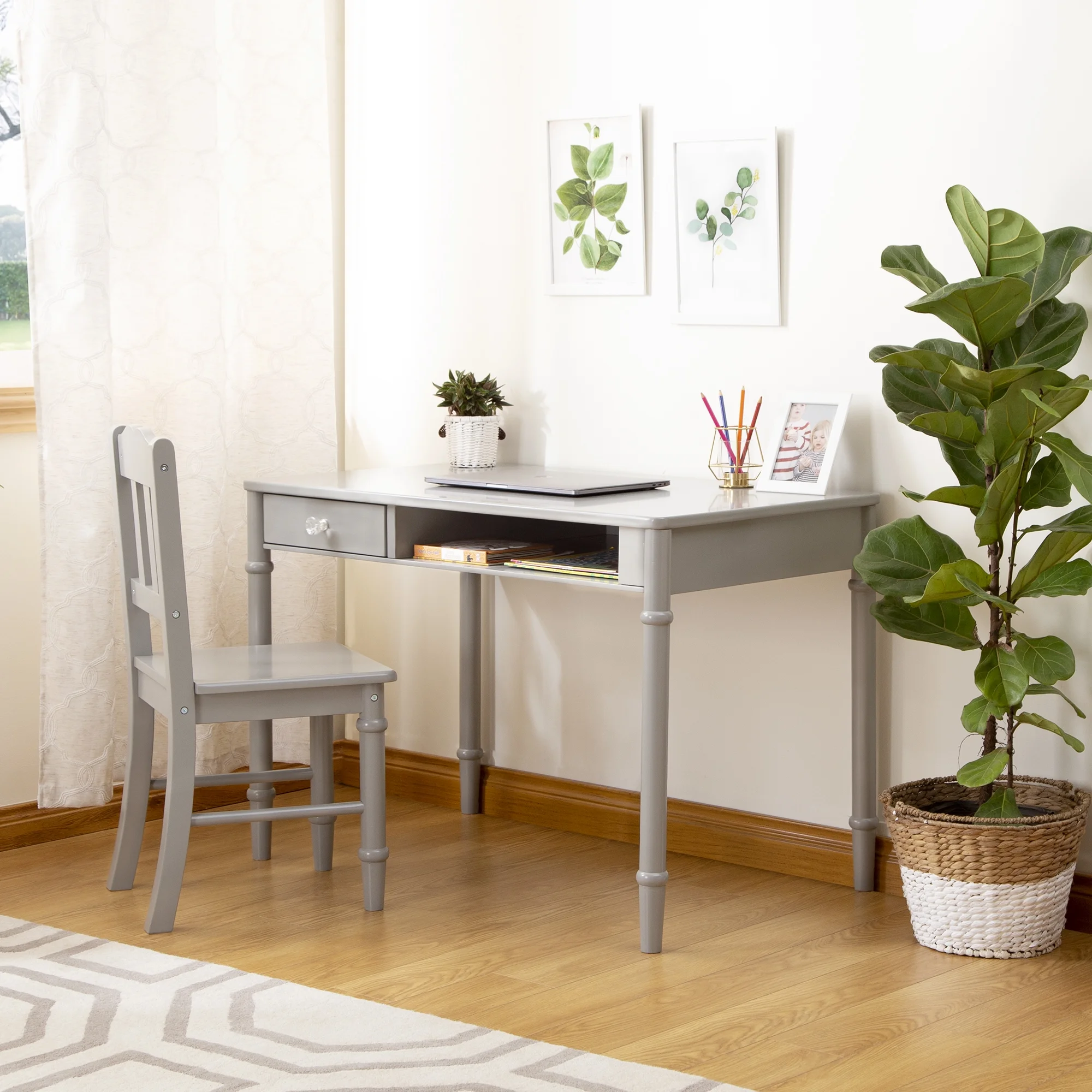 Guidecraft Dahlia Kids Desk and Chair Set - Gray: Wooden Study Table with Storage Drawer and Chair Set for Girls | Kids Bedroom Desk Set