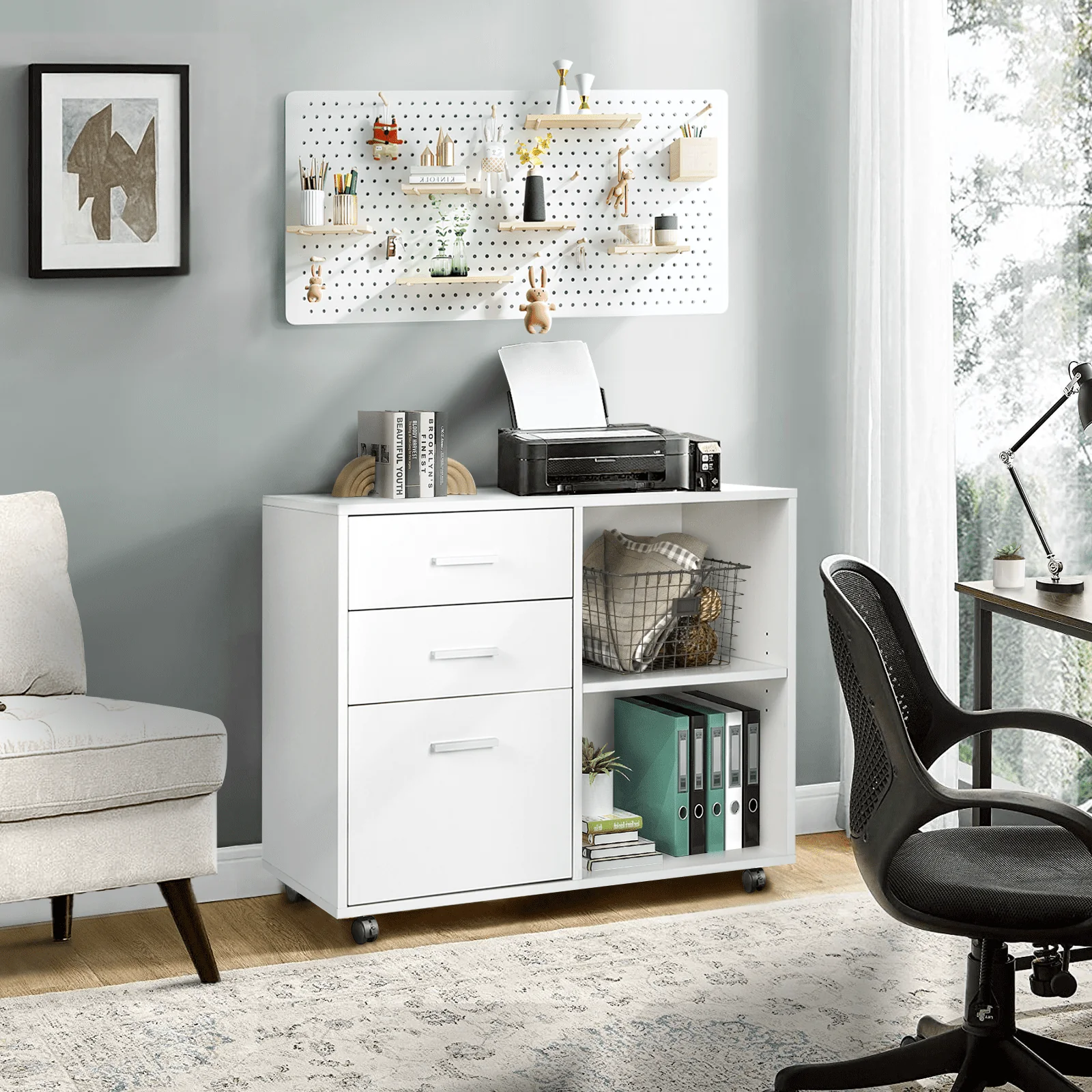 Richya Wood File Cabinet , Printer Stand with Open Storage Shelf, 3-Drawer File Cabinet, Home Office White