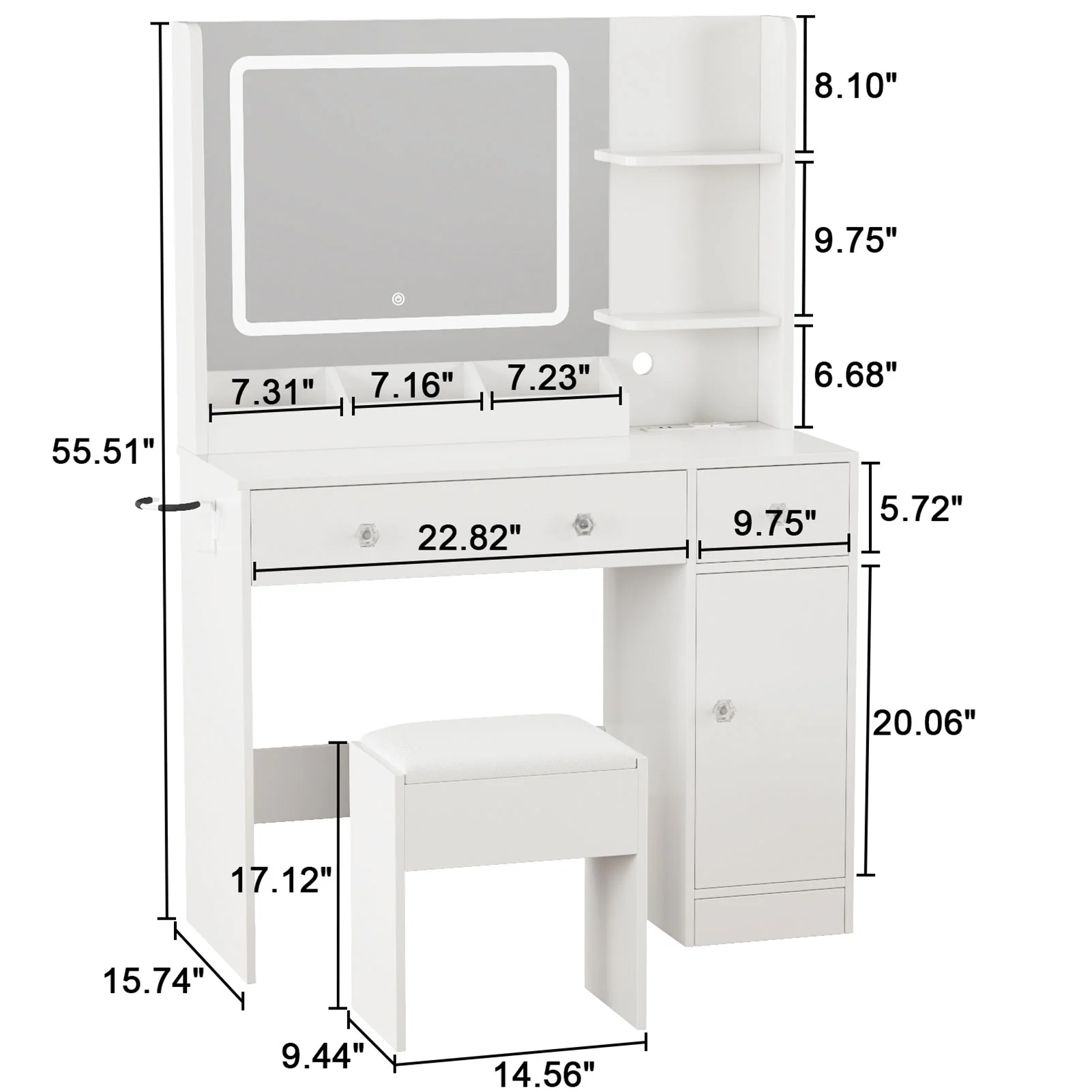 Satifur White Vanity Desk Set with Mirror and Lights, Makeup Table with Charging Station, Comfortable Bench, Big Vanity with 3 Storage Compartments, 39.4in